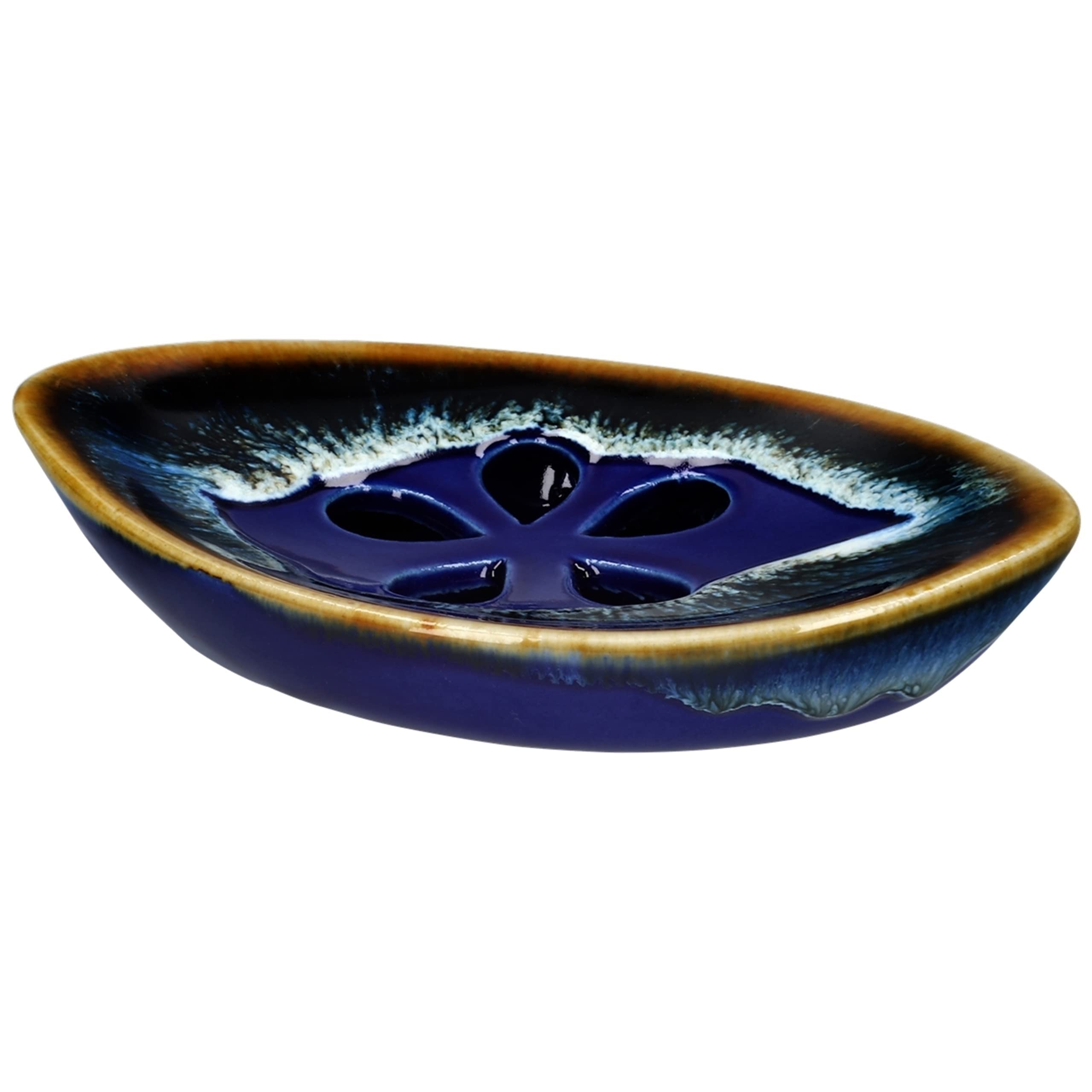 Lungmongkol Shop Ceramic Soap Dish With Self Draining Tray For Bar Soap, Bathroom, Kitchen (Blue No.2)