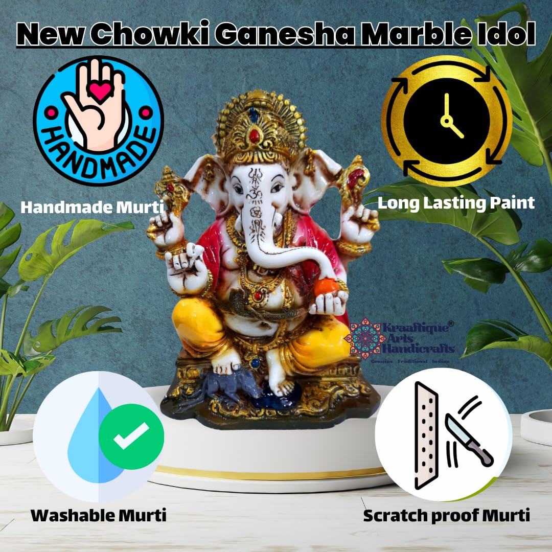 Kraaftique Ganpati Religious Statue Idol Ganesh Murti Home Decor For Puja Marble Dust Lord Ganesha 7 Inch Statue For Home Decor