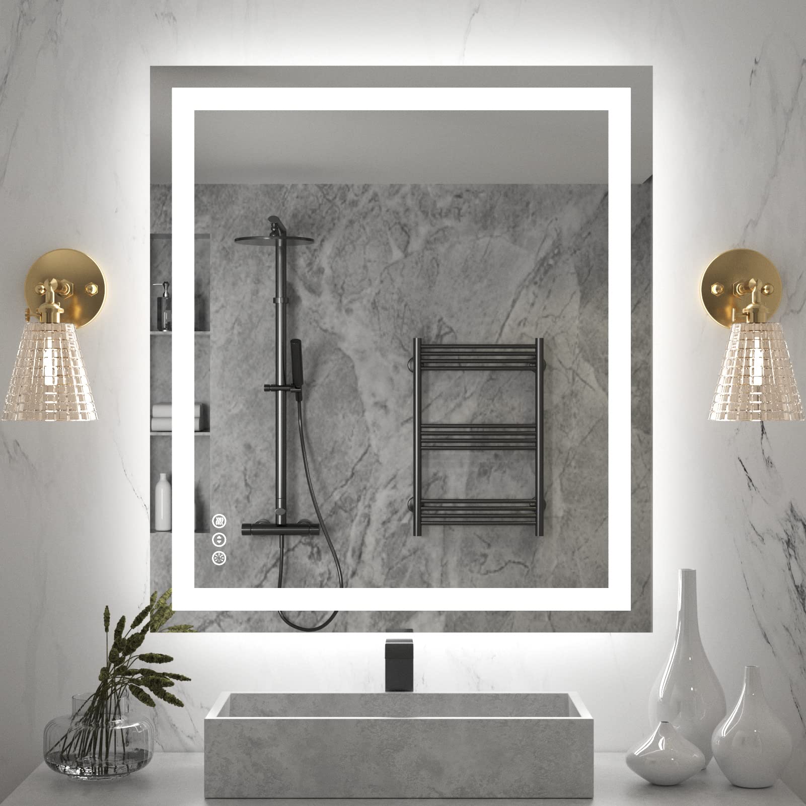 Amorho LED Bathroom Mirror 36''x 32'' with Front and Backlit  Stepless Dimmable Wall Mirrors with Anti-Fog  Shatter-Proof  Memory  3 Colors  Double LED Vanity Mirror (Horizontal/Vertical)