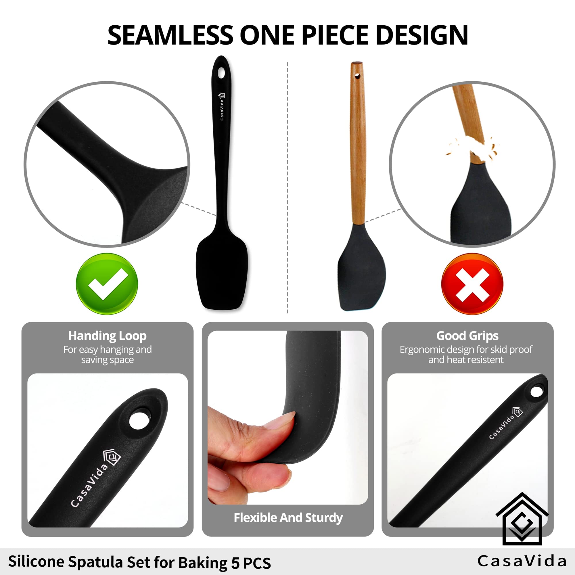 Casavida Silicone Spatula Set 5Pcs Black High Heat Resistant Non Stick Bakery Flexible Bpa Free Dishwasher Safe Kitchen Utensils