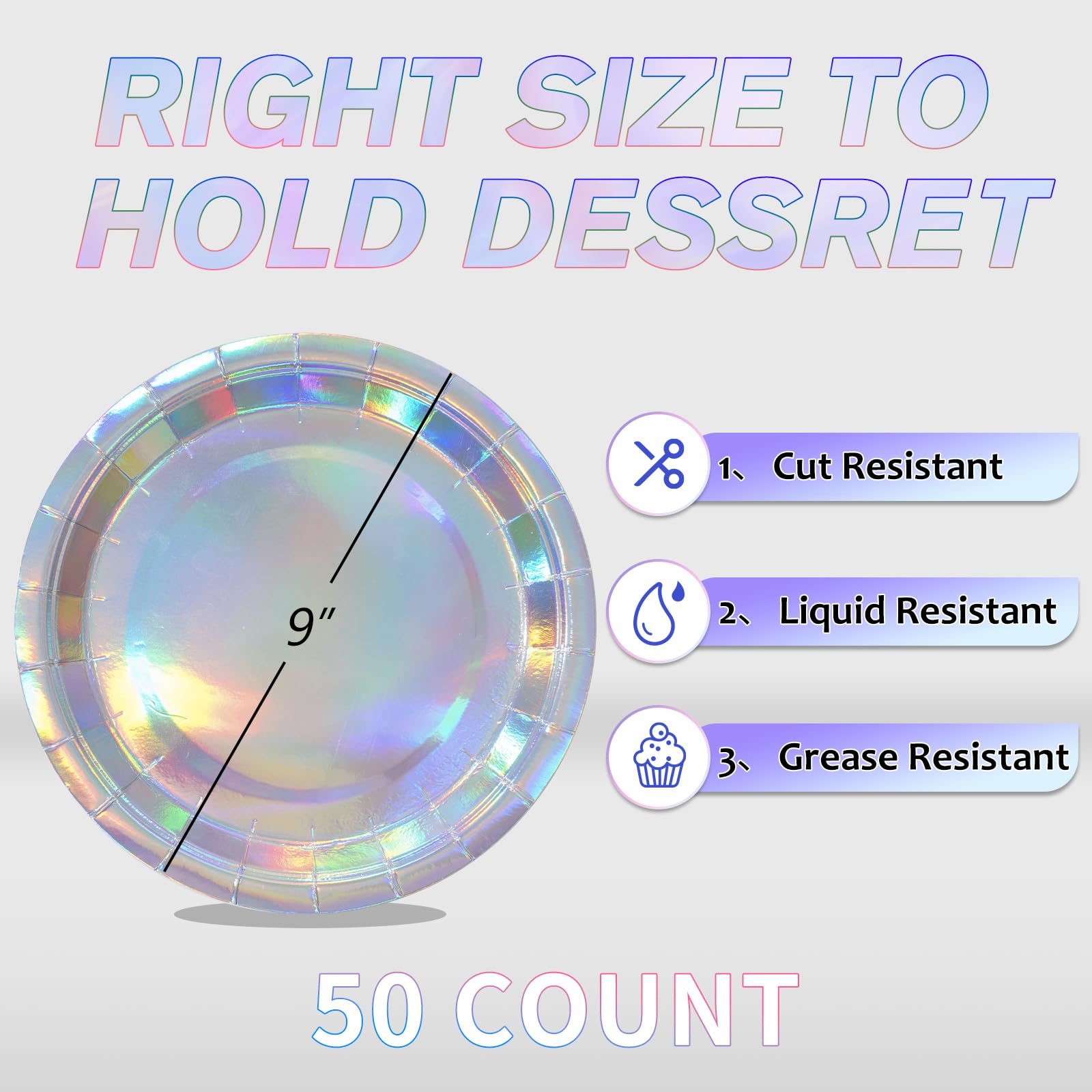 Tyzarglef Disposable Paper Plates Iridescent, 50 Count 9    Dinner Plates Bulk For Party Supplies, Colored And Sturdy Party Plat