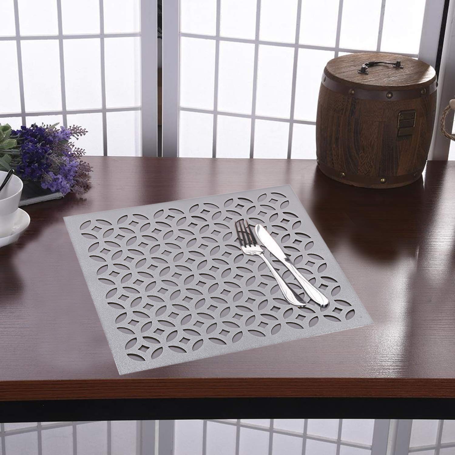 Kuber Industries Pvc Soft Leather 6 Pieces Dining Table Placemat Set (Silver) -Ctltc11348