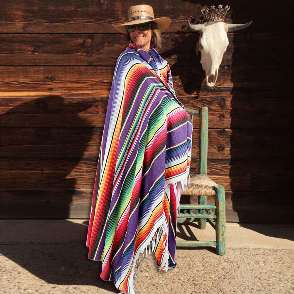 Hxezoc 59 x 84 Inch Mexican Blanket Striped Tablecloth Large Square Fringe Cotton Mexican Serape Tablecloth for Mexican Party Wedding Decorations Outdoor Table Cover (Purple)