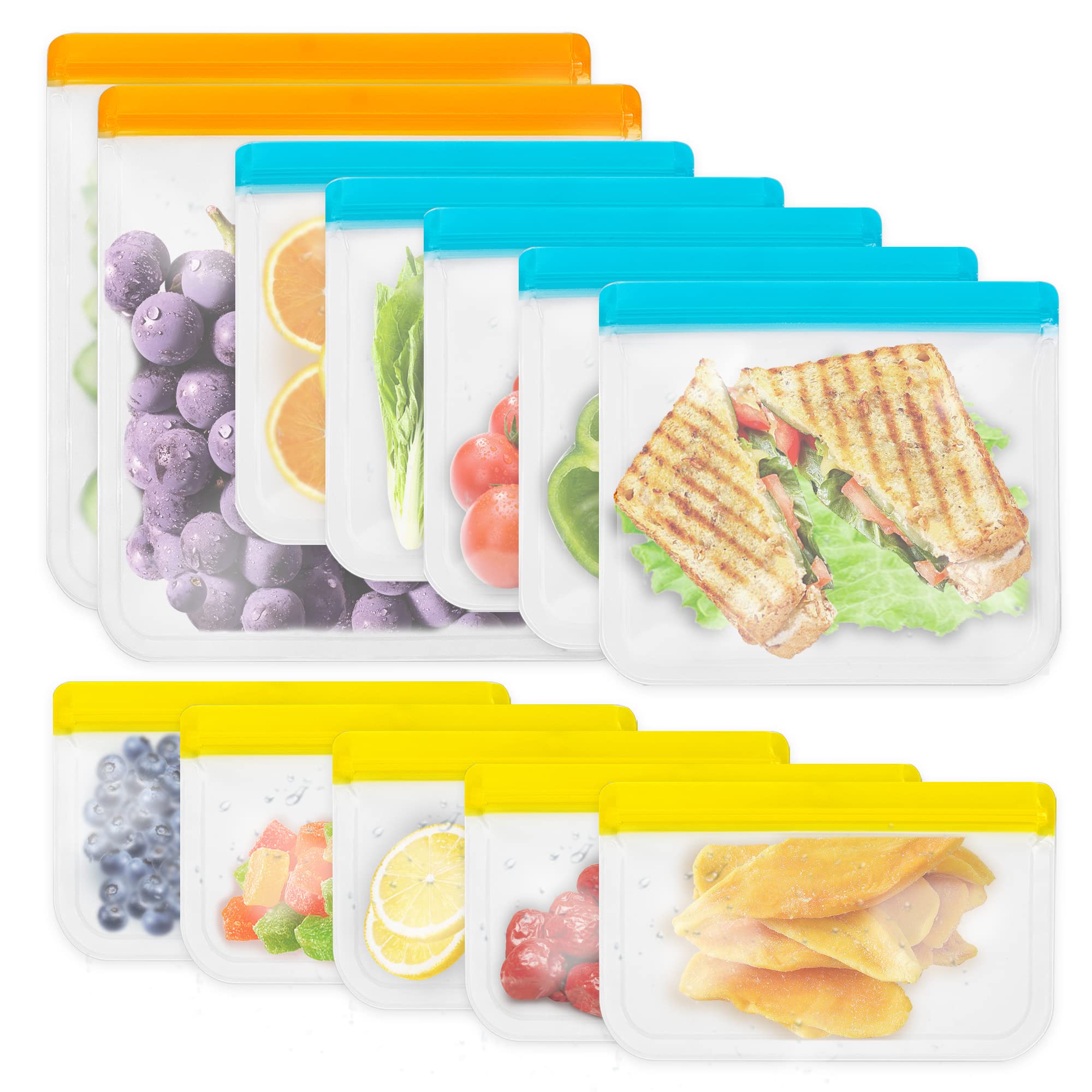 Enloy 12 Pack Reusable Food Storage Bags, Bpa Free Peva Reusable Freezer Bag, 2 Gallon & 5 Sandwich & 5 Snack Size Bags, Leakpro