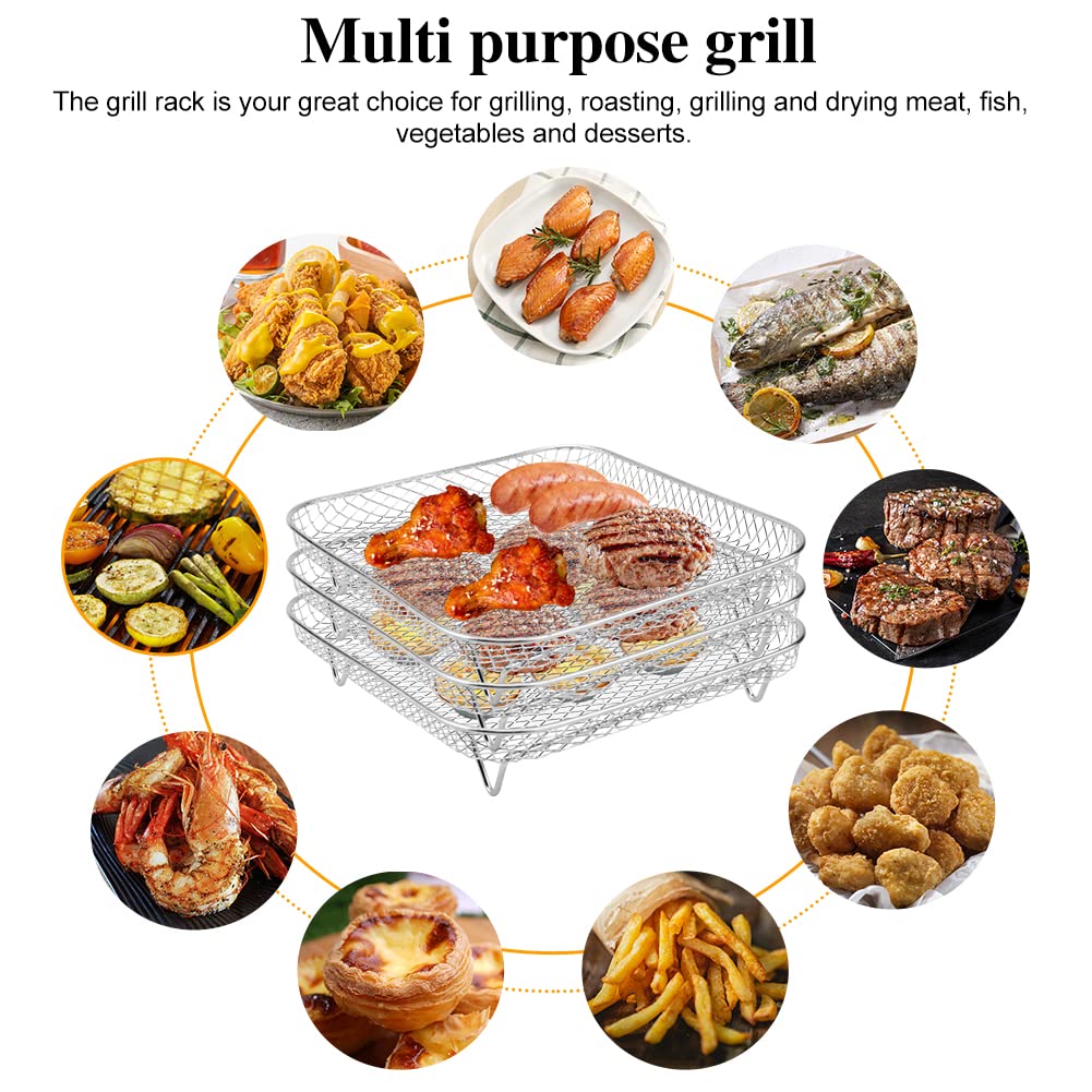 8'' Air Fryer Rack For Air Fryer, Stainless Steel Three-Layer Air Flow Rack With Rus-Tproof Oil Brush Food Clip,Air Fryer Access