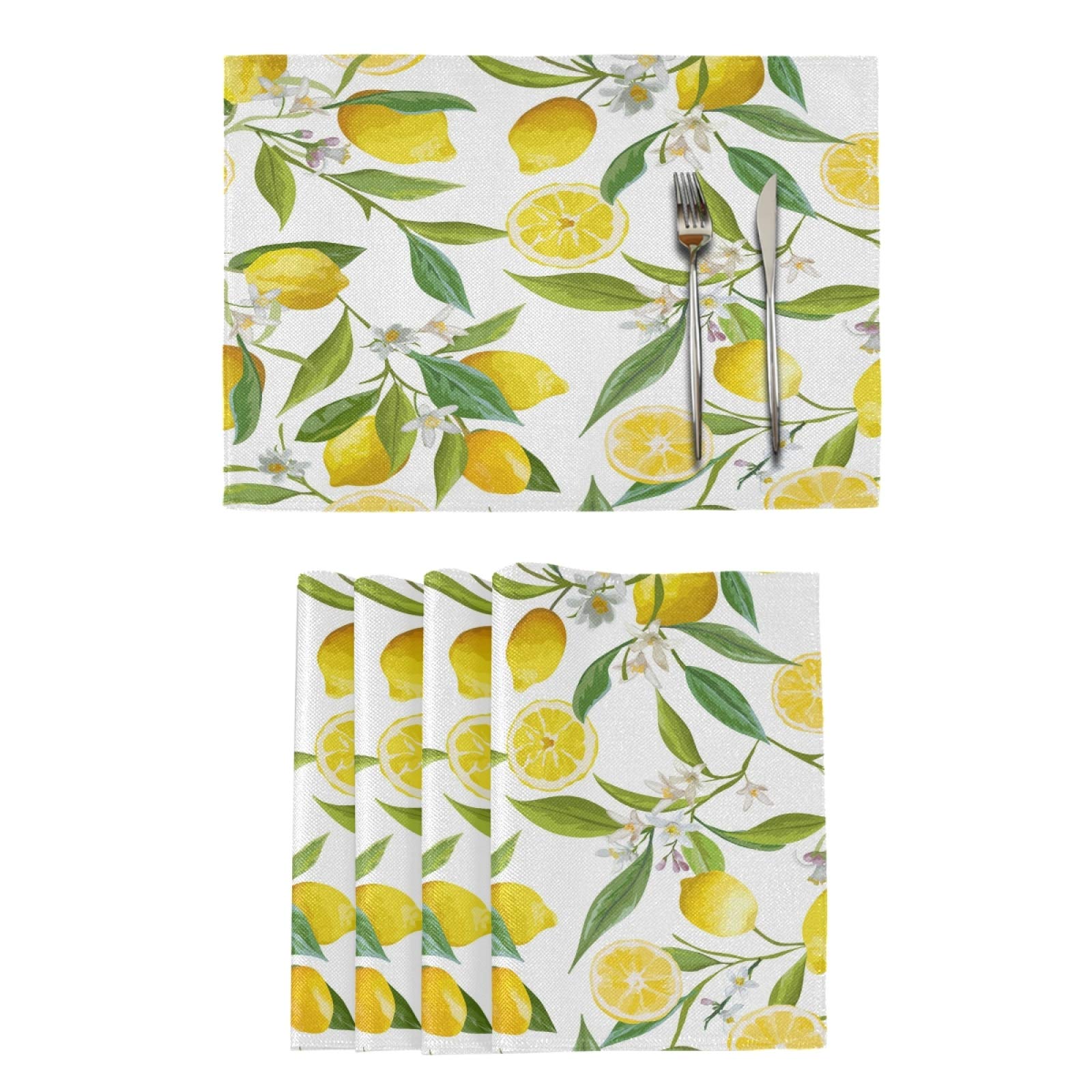 Lemon Flowers Placemats Set Of 6 Washable Non-Slip Burlap Table Mats Heat Resistant Place Mats For Home Kitchen Dining Party 12