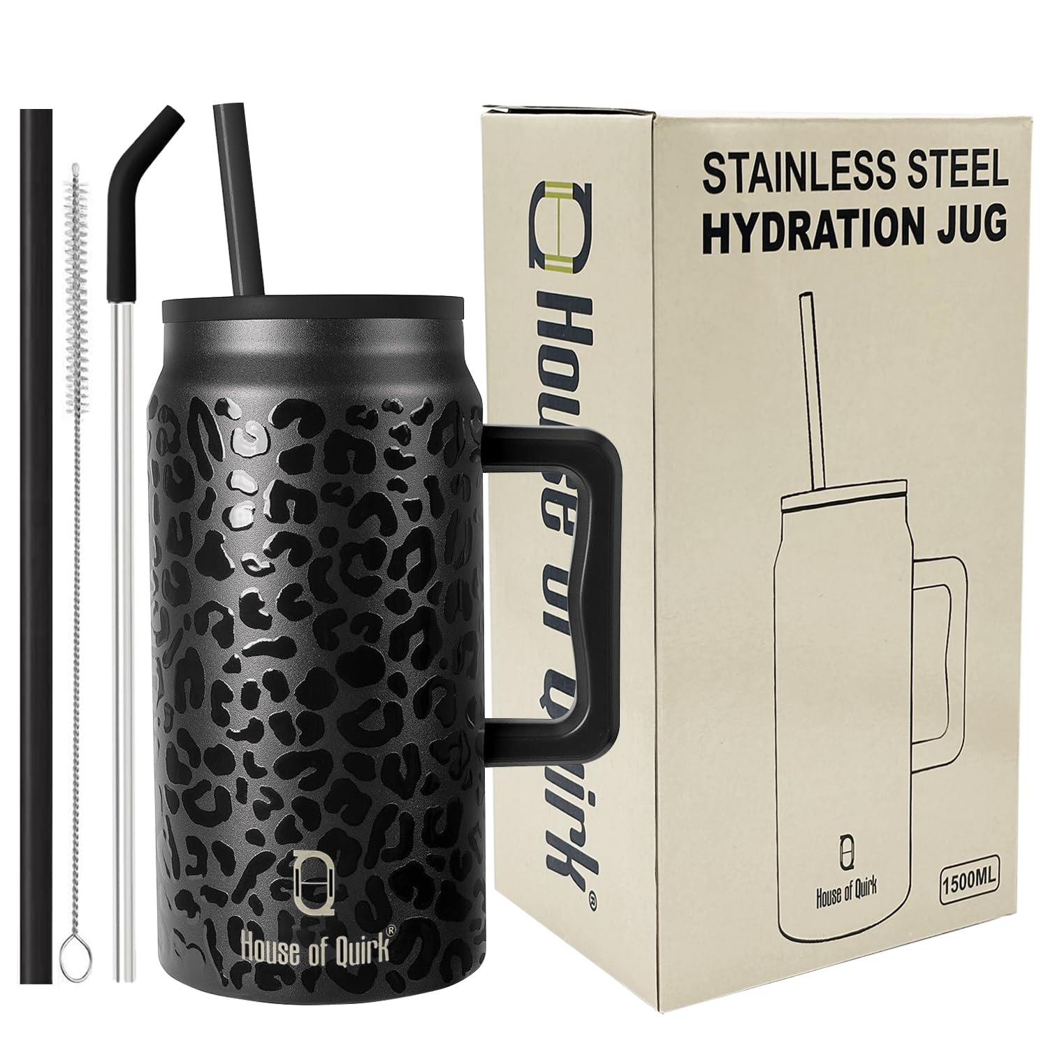 House Of Quirk 1500Ml Stainless Steel Mug Tumbler With Handle & Straw Lid - Large Water Bottle For Men & Women (Black Leopard)