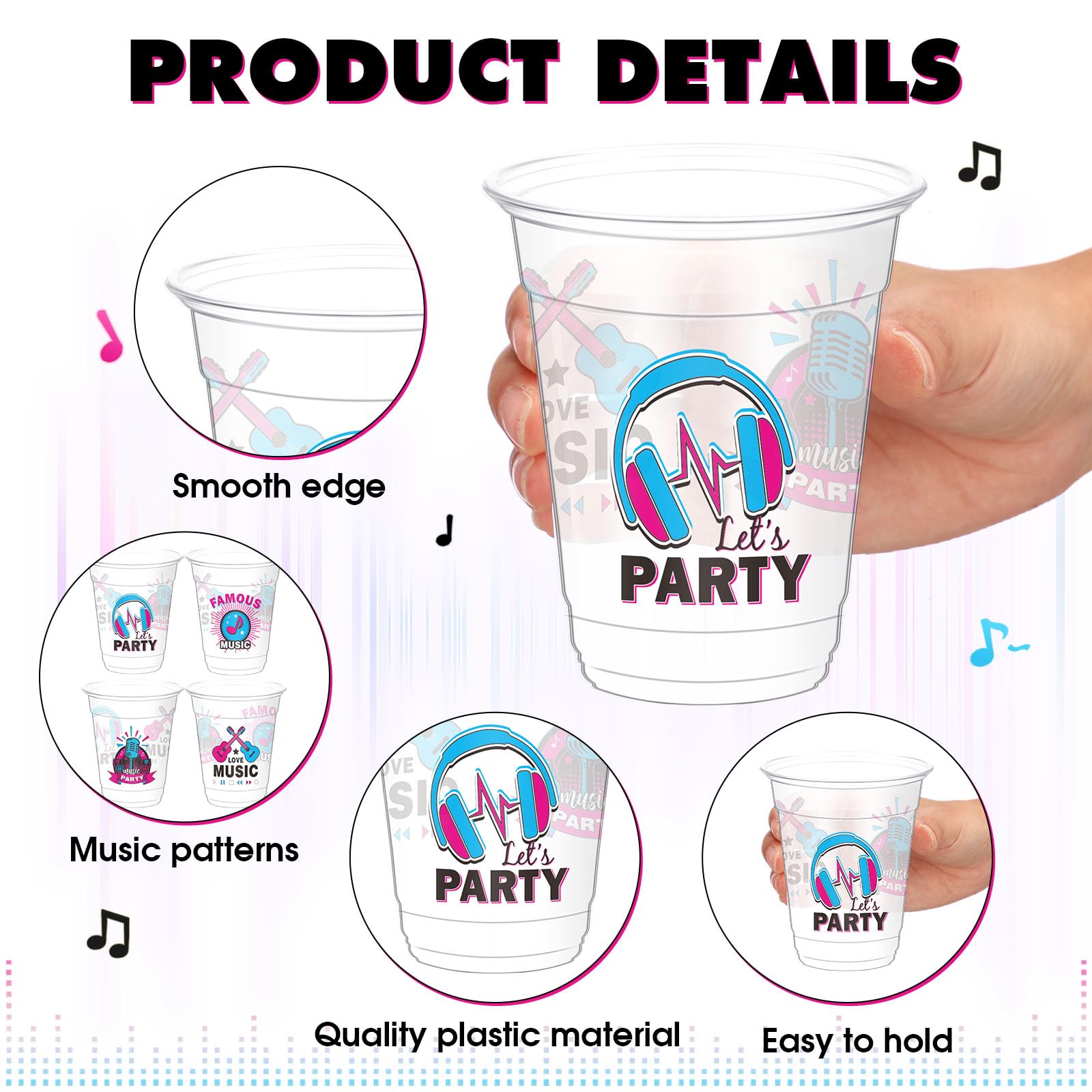 Yaomiao 50 Pieces Music Party Plastic Cups 12 Oz Bulk Musical Clear Disposable Cups Rock And Roll Party Drinking Beverage Cups F