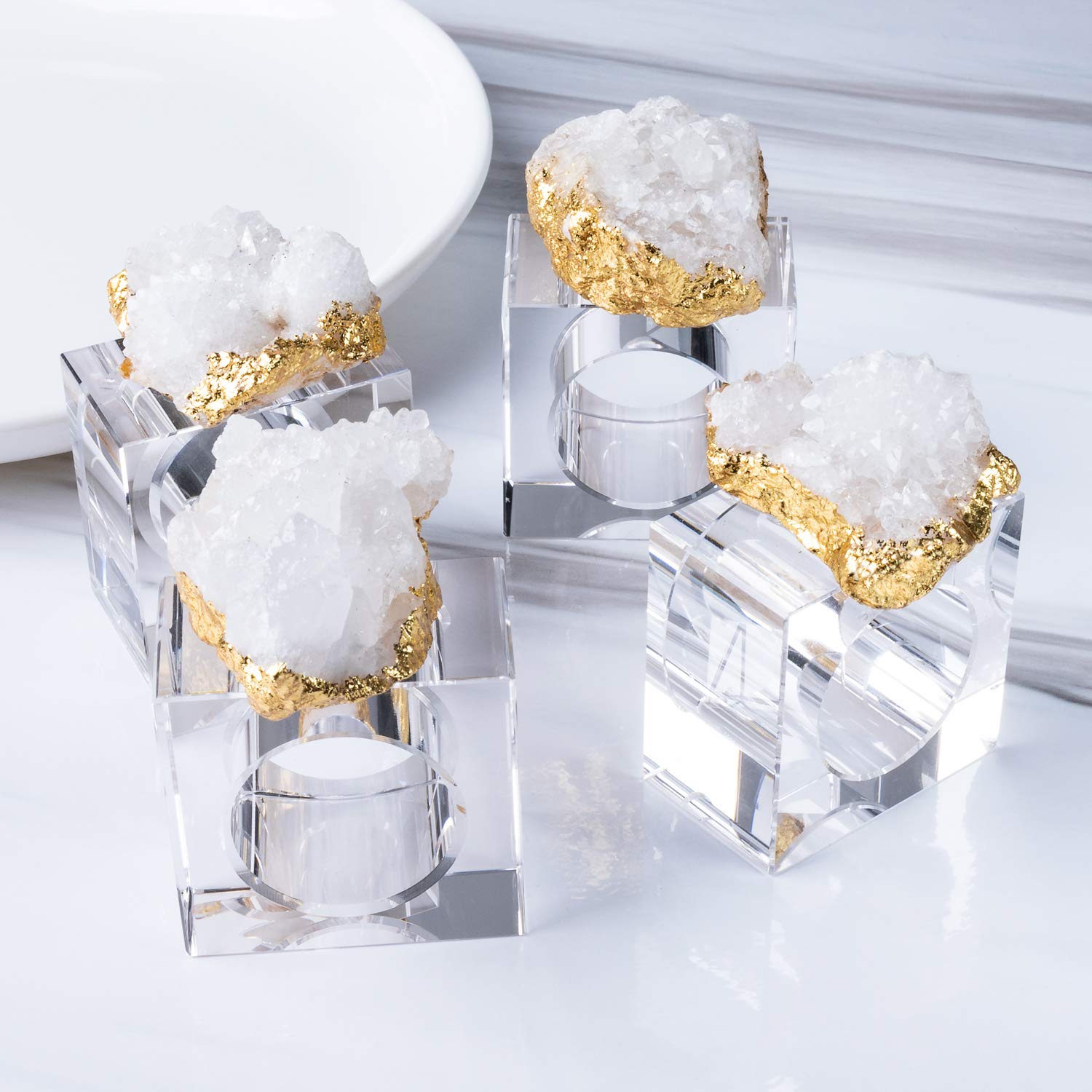 Set of 4 White Geode Napkin Rings Gold Plated Quartz Geode Napkin Holder for Wedding  Dinner & Decor
