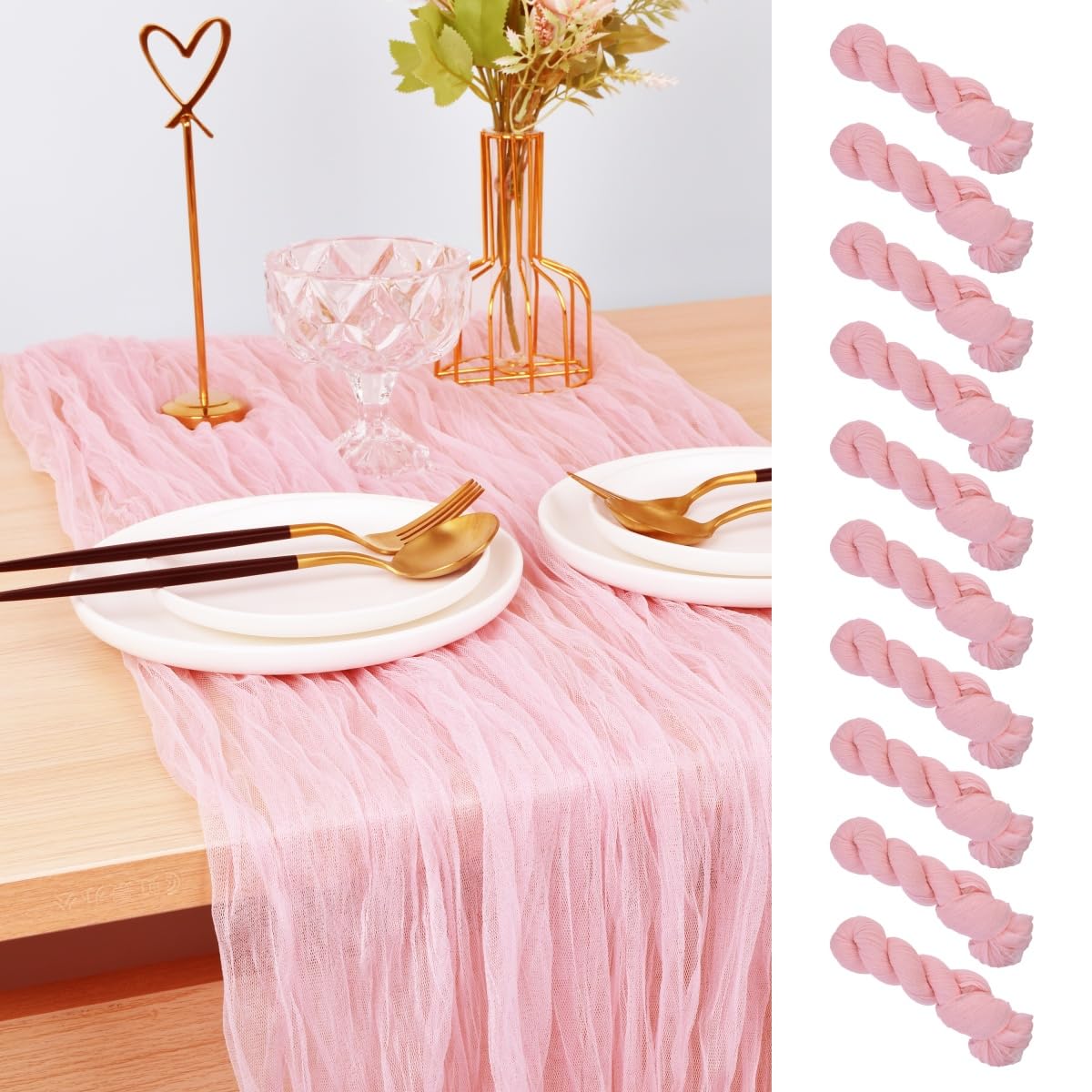Joanlody Blushing Pink Cheesecloth Table Runner Fall Thanksgiving 10Ft Rustic Gauze Boho Cheese Cloth Table Runner for Wedding B