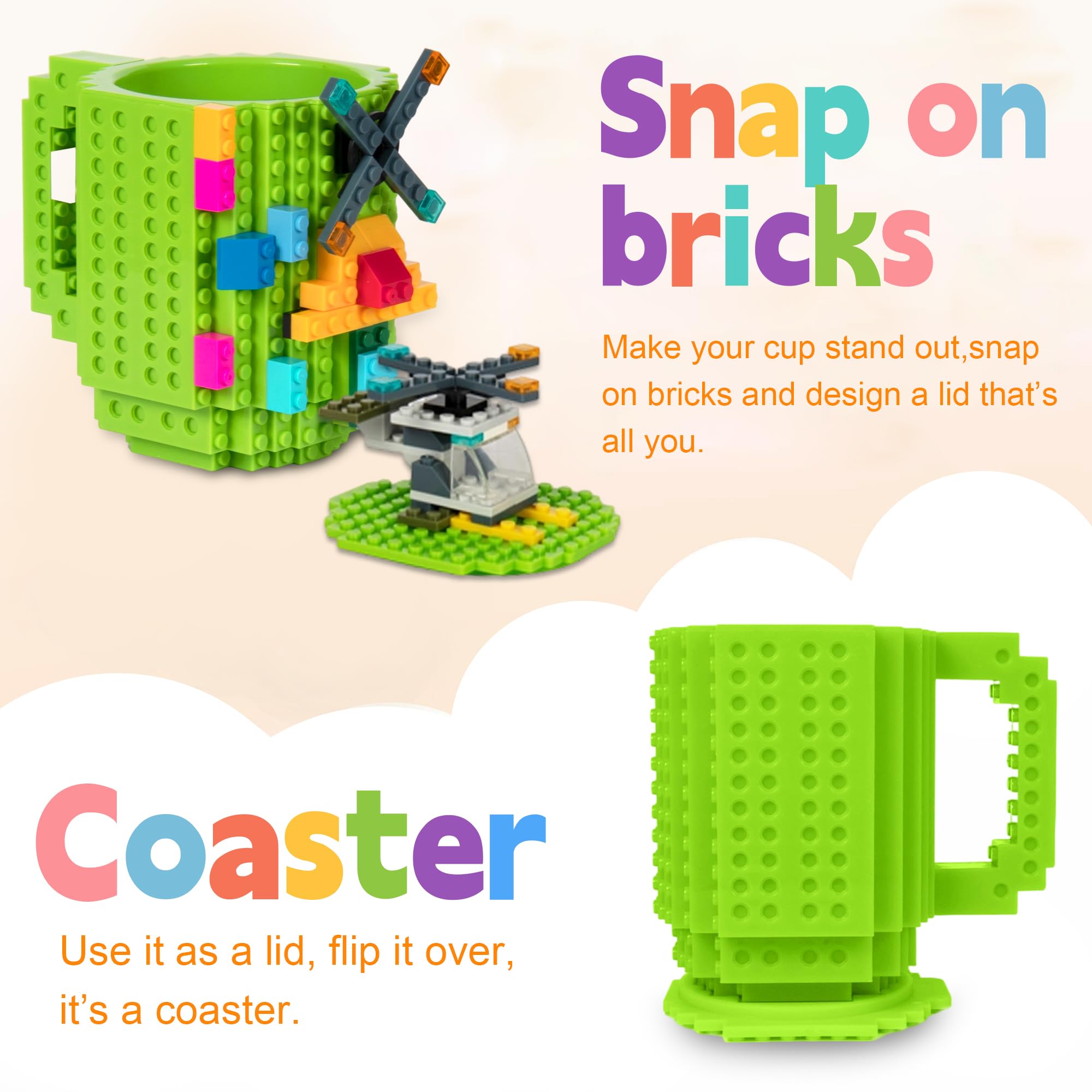 FUBARBAR Brick Coffee Mug - Funny Novelty Cup with Lid & Straw, Building Block Toy Mug, Gift Idea for Men/Women/Kids (Green)