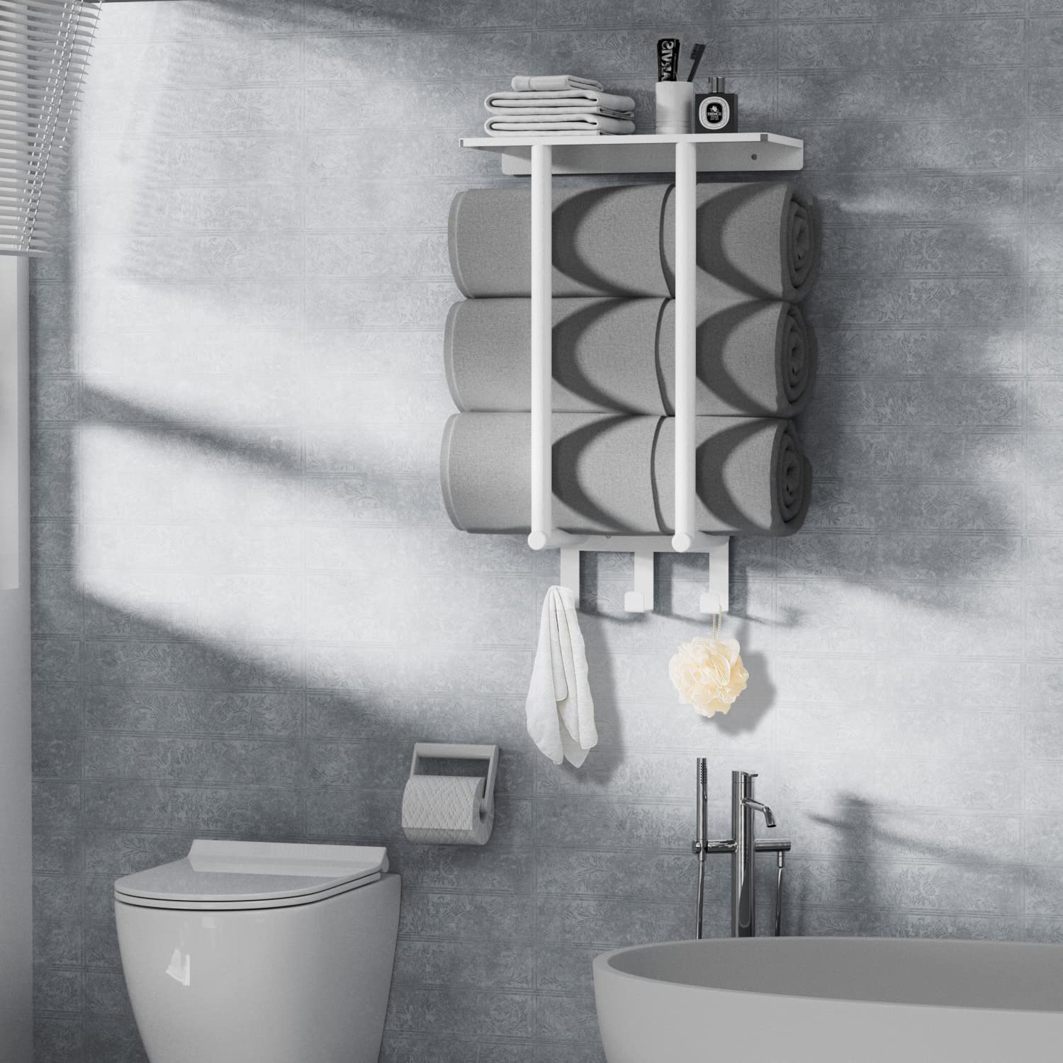 Towel Rack With Shelf & 3 Hooks, Bethom Towel Holders For Bathroom Wall Mounted, Metal White Towel Racks Can Hold 3 Large Bath S