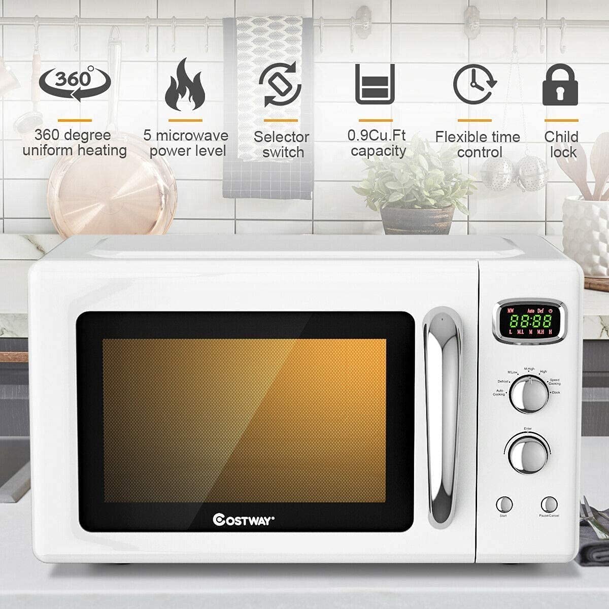 Moccha Large 0.9Cu.Ft Countertop Microwave Oven, 900-Watt Retro Microwave W/Child Safety Lock, Defrost & Auto Cooking Function,