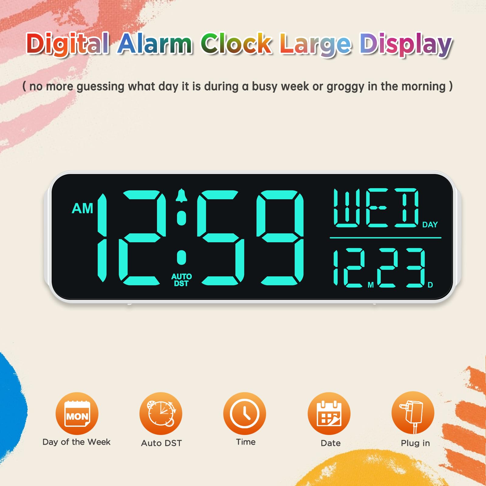 Peakeep Large Display Digital Alarm Clock for Bedrooms, Date Day of Week Desk Table Clocks for Living Room Office, Dimmable Plug
