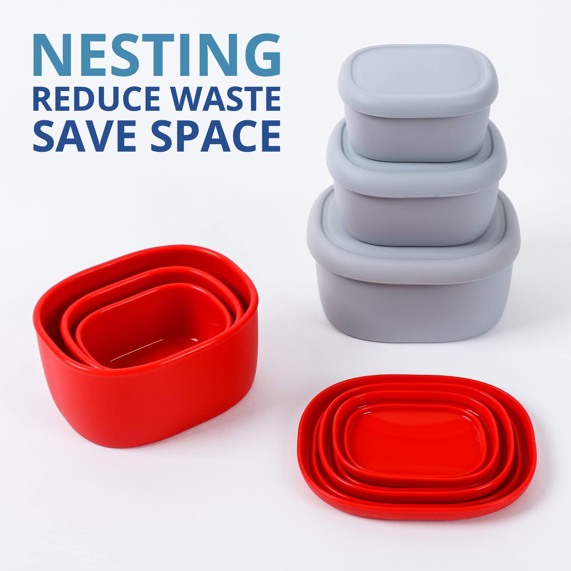 BLUE gINKgO Nesting Silicone containers - Set of 3 Hard-Shell Silicone Food Storage containers  BPA Free  Airtight  Dishwasher and Freezer Safe (67oz  10oz  20oz) - Red