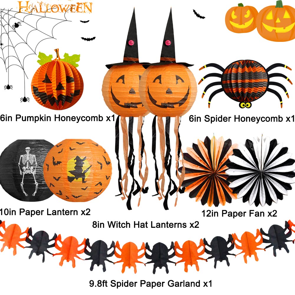 Halloween Party Decorations, Black Orange Party Supplies, Hanging Paper Lanterns Pumpkin Honeycomb Tissue Paper Fan Spider Garla