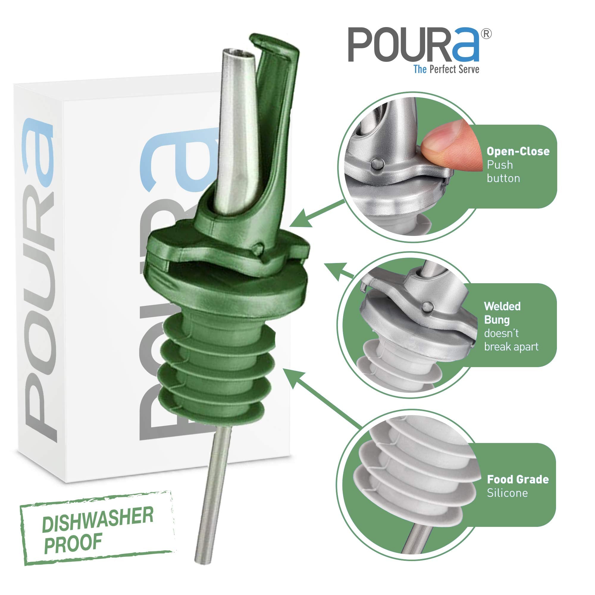 Olive Oil Spout for Olive Oil Dispenser - UK Patented Oil Pourer - Mid Flow Shut Off for Accurate Measurement - One Handed Open & Close Cap Keeps Oil Fresh and Prevents Oxidization - Green 6 Pack
