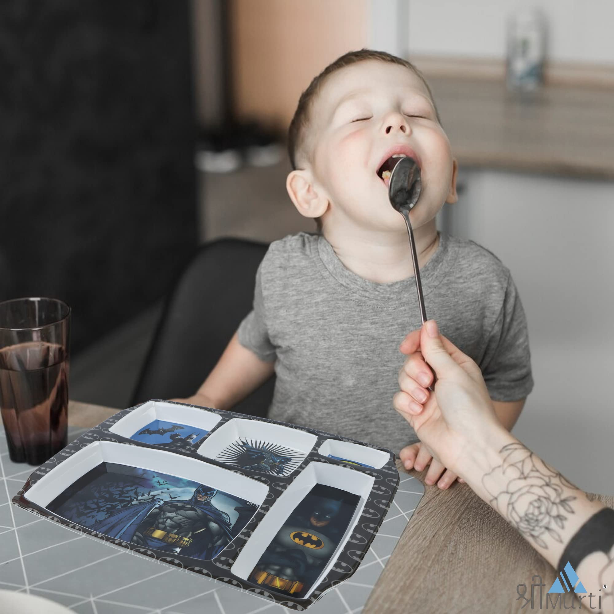 Shree Murti Melamine Rectangular Dinner Plate with 5 Sectioned Funny Cartoon Printed Plate (Batman) |Perfect Gifting for Navratr