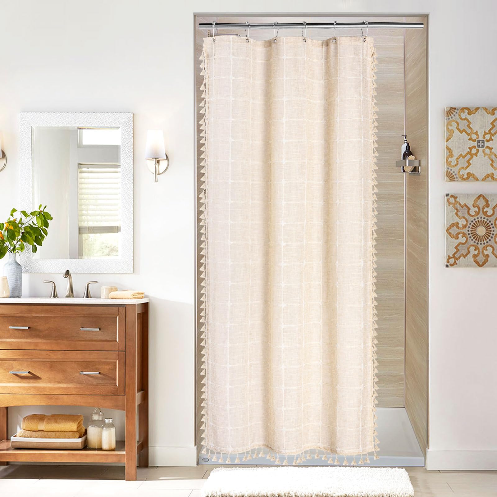 Mitovilla Boho Small Stall Shower Curtain 36 X 72, Beige Narrow Cotton Linen Fabric Shower Curtains For Farmhouse Bathroom Decor