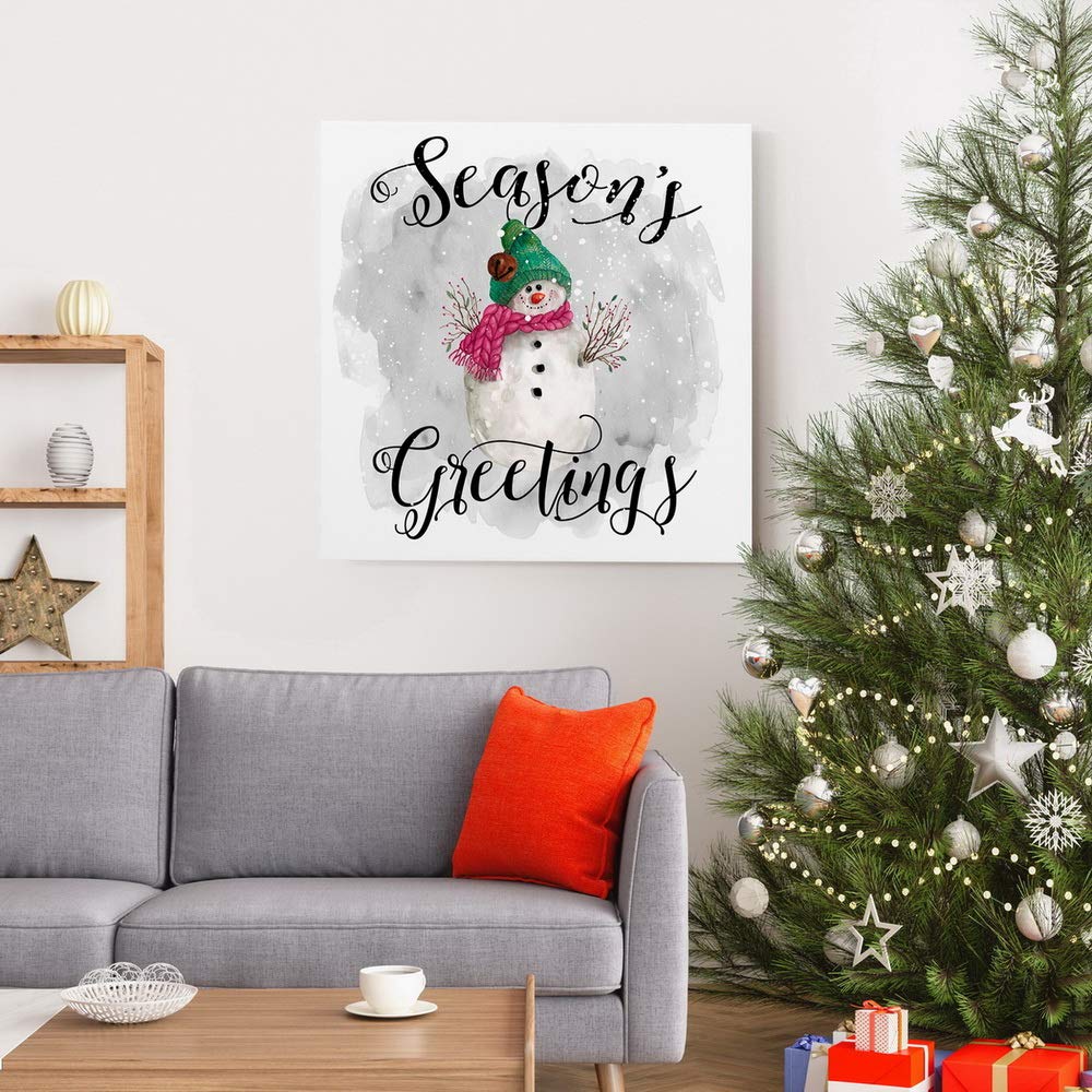 Renditions Gallery Season's Greetings Snowman Wall Art  Cute Christmas & Winter Artwork  Great Gift for Girls  Premium Gallery Wrapped Canvas Decor  Ready to Hang  24 in H x 24 in W  Made in America