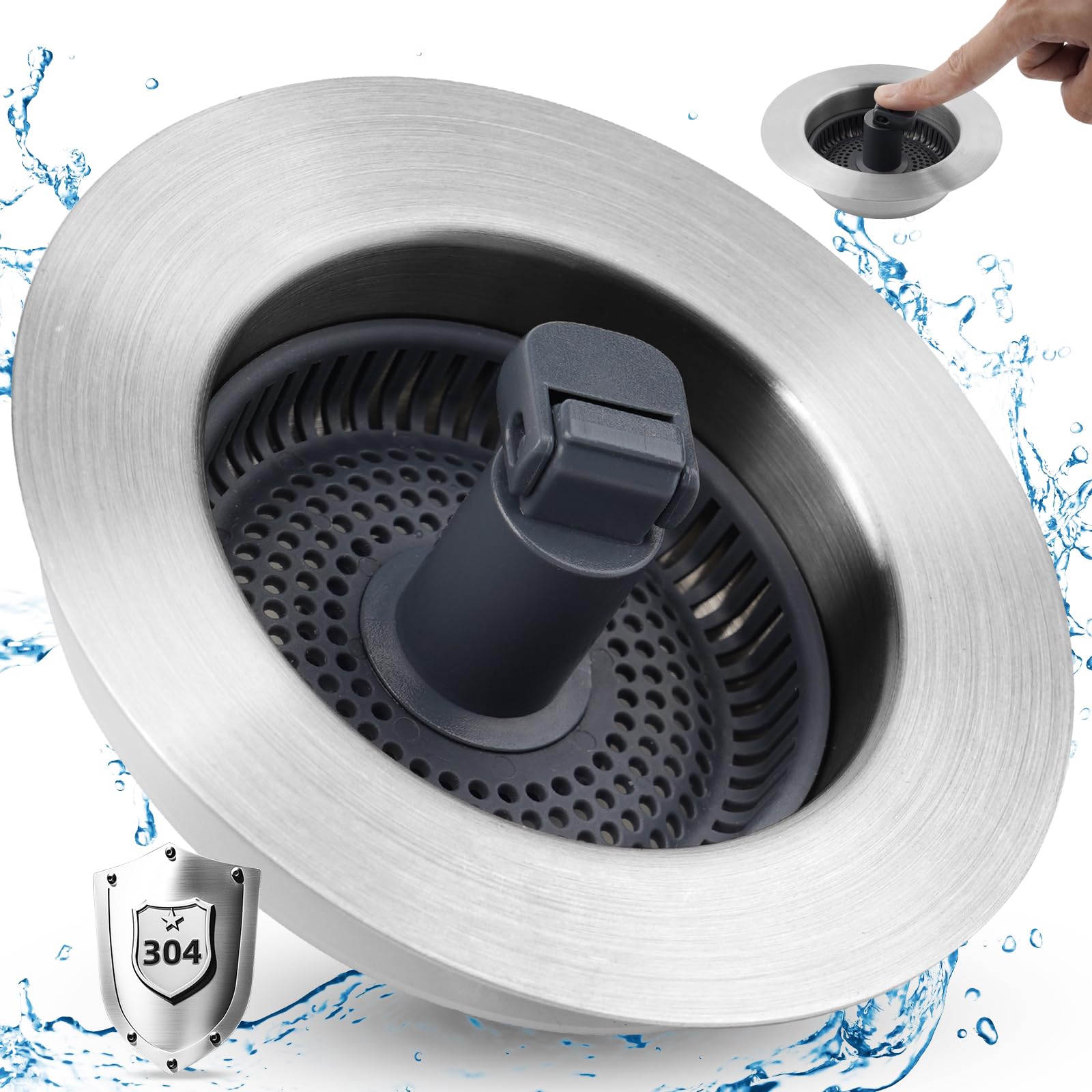 Universal Kitchen Sink Stopper Strainer Combo 3 In 1 Use, 304 Stainless Steel Pop Up Sink Drain Strainer With Upgrade Folded Rod