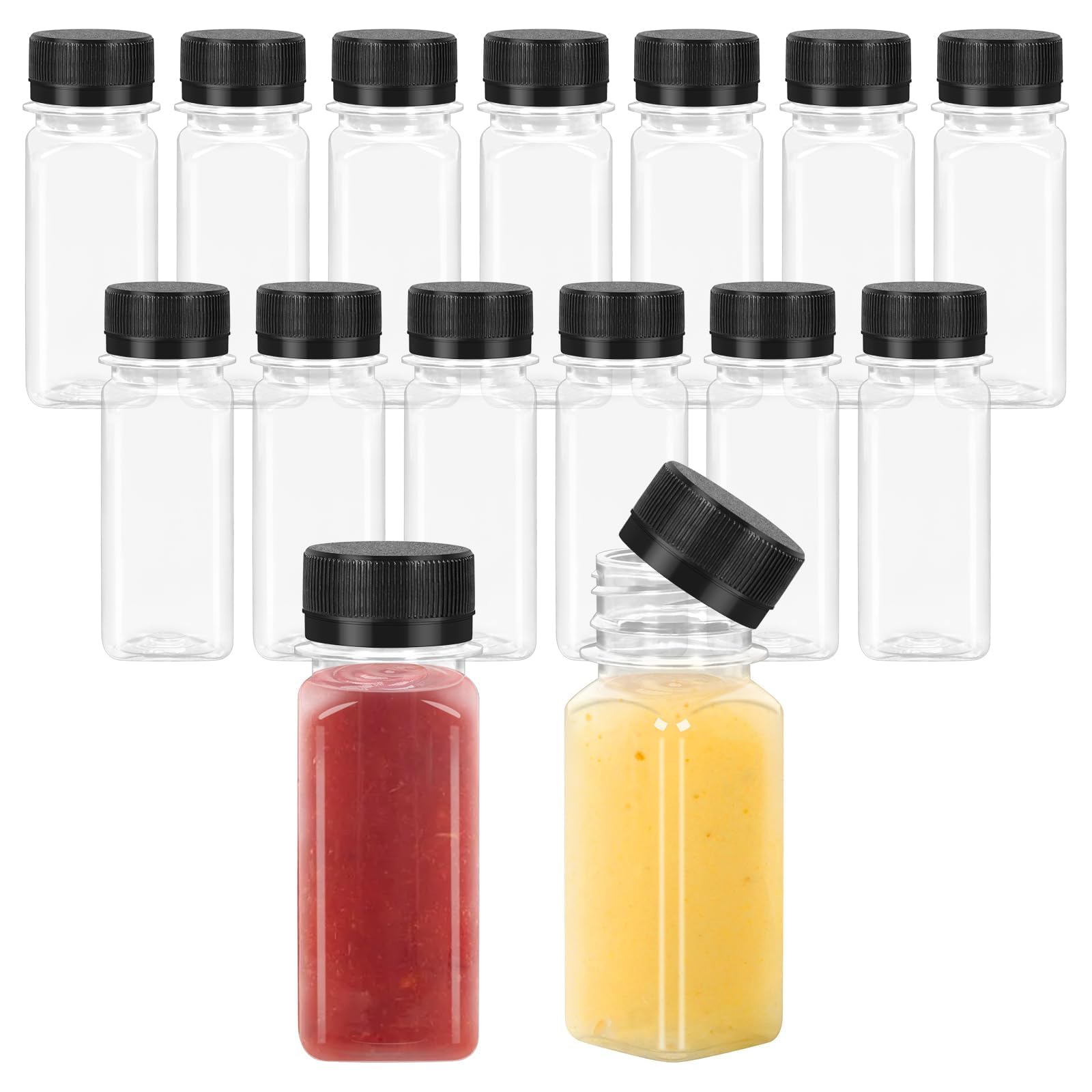 CZWESTC 15pcs 2 oz Shot Bottles with Caps, Reusable Mini Plastic Juice Bottles with Lids for Ginger Shots, Small Clear Liquid Co