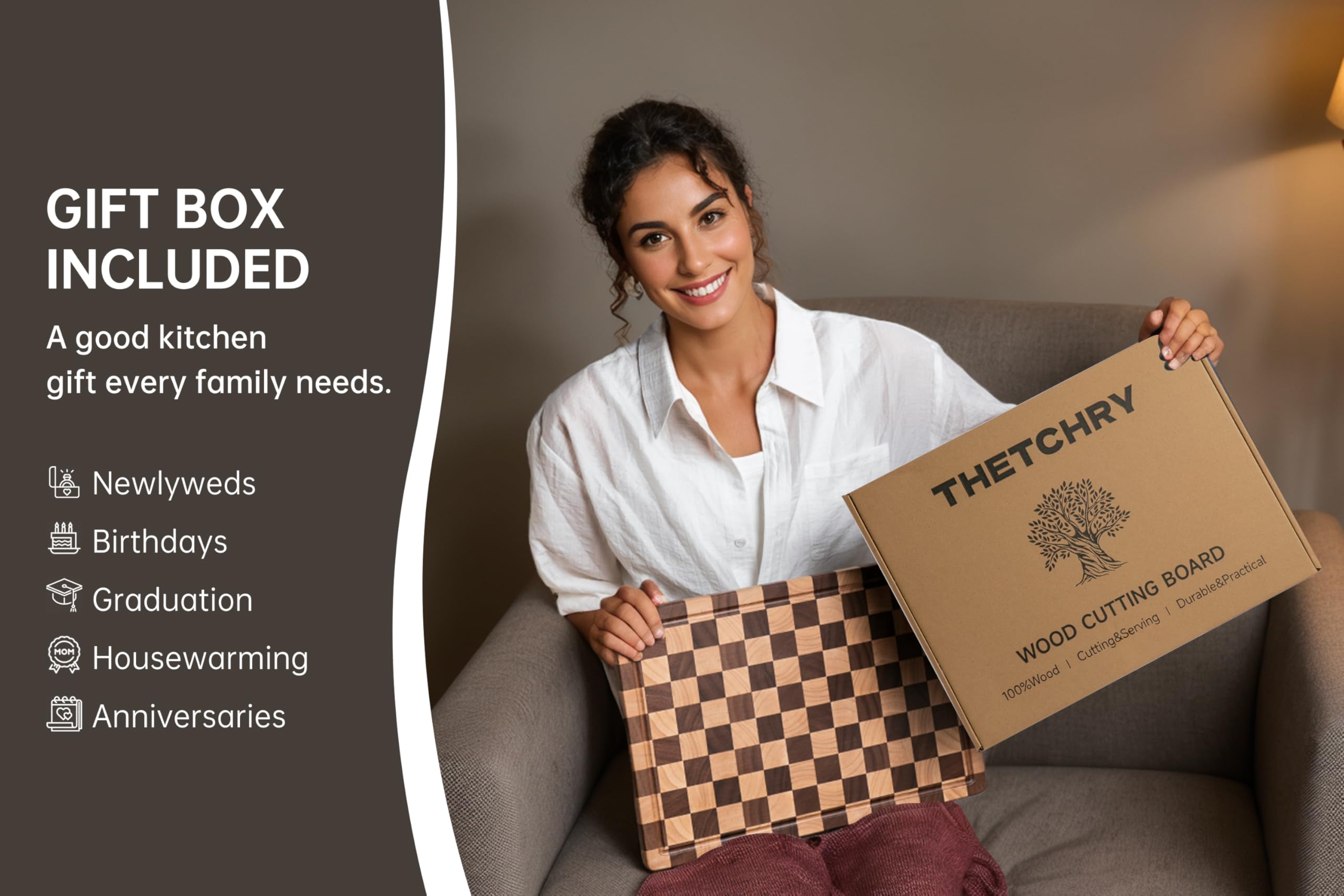 THETCHRY Cutting Boards for Kitchen, Extra Large Chopping Board for Stovetop, Checkered Acacia Wood Cutting Board with Juice Gro