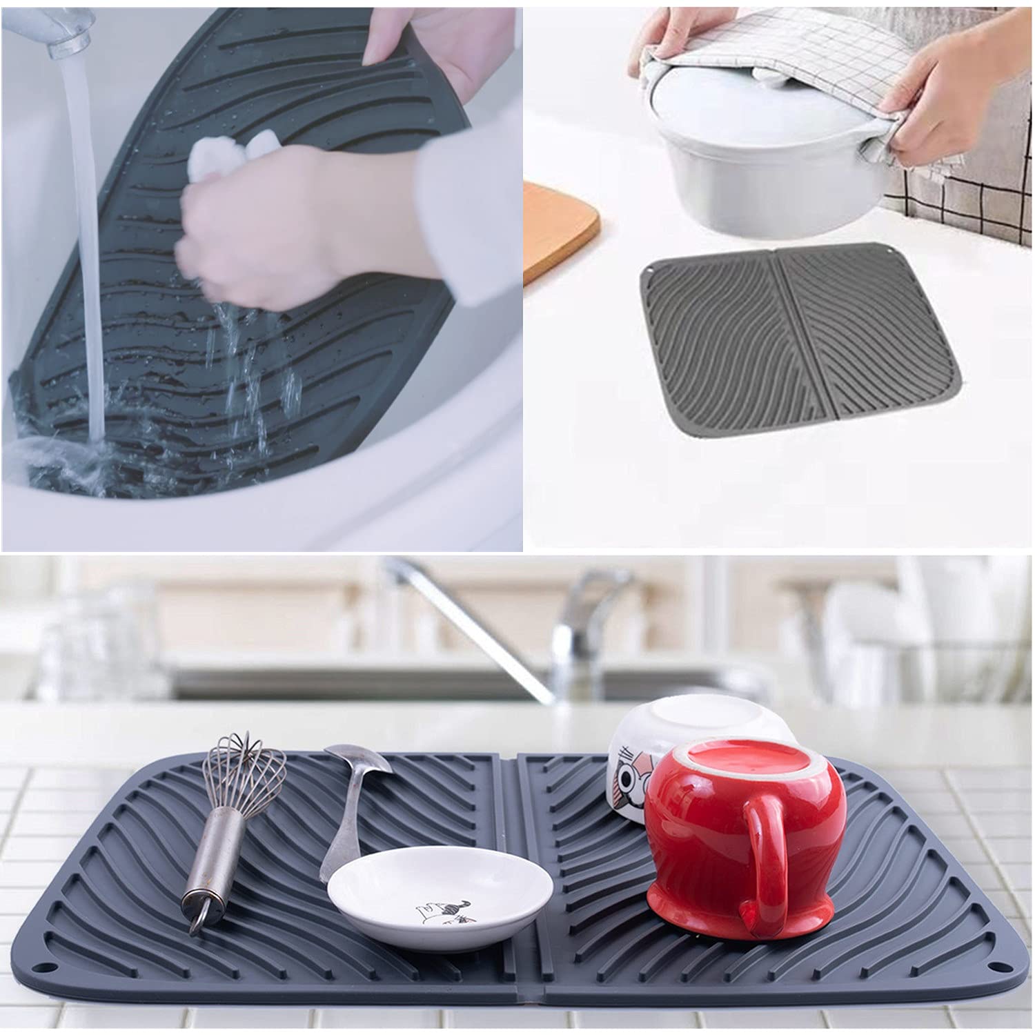 Iyyi Silicone Dish Drying Mat Large Draining Mat Foldable Drainer Mat Heat Resistant Dryer Mat Dishwasher Safe Drainboard (L+Gra