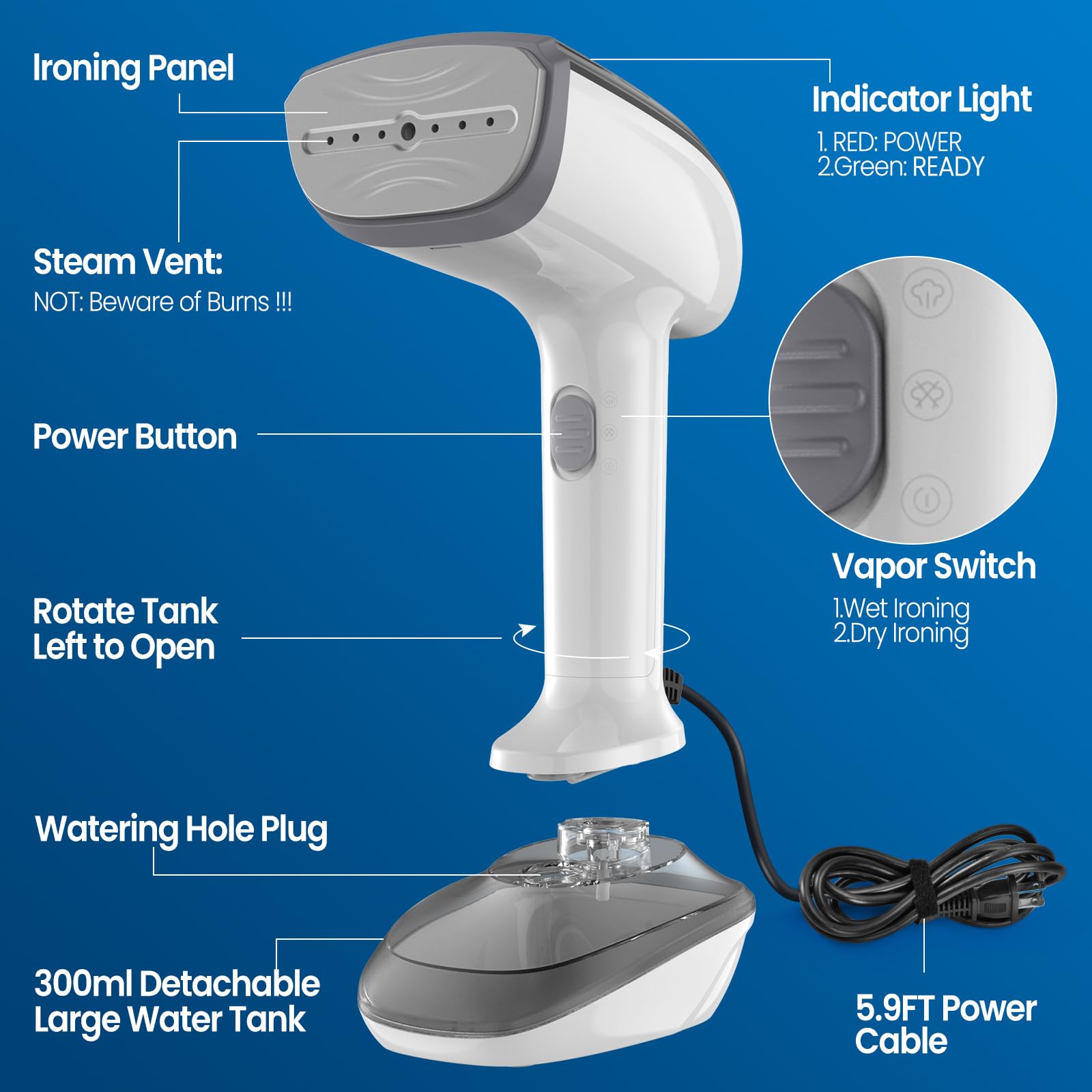 Powerful Handheld Fabric Steamer - 1800W With Fast Ceramic Heat-Up Plate, 2-In-1 Ironing & Wrinkle Remover, Steam Nozzle, Lint B