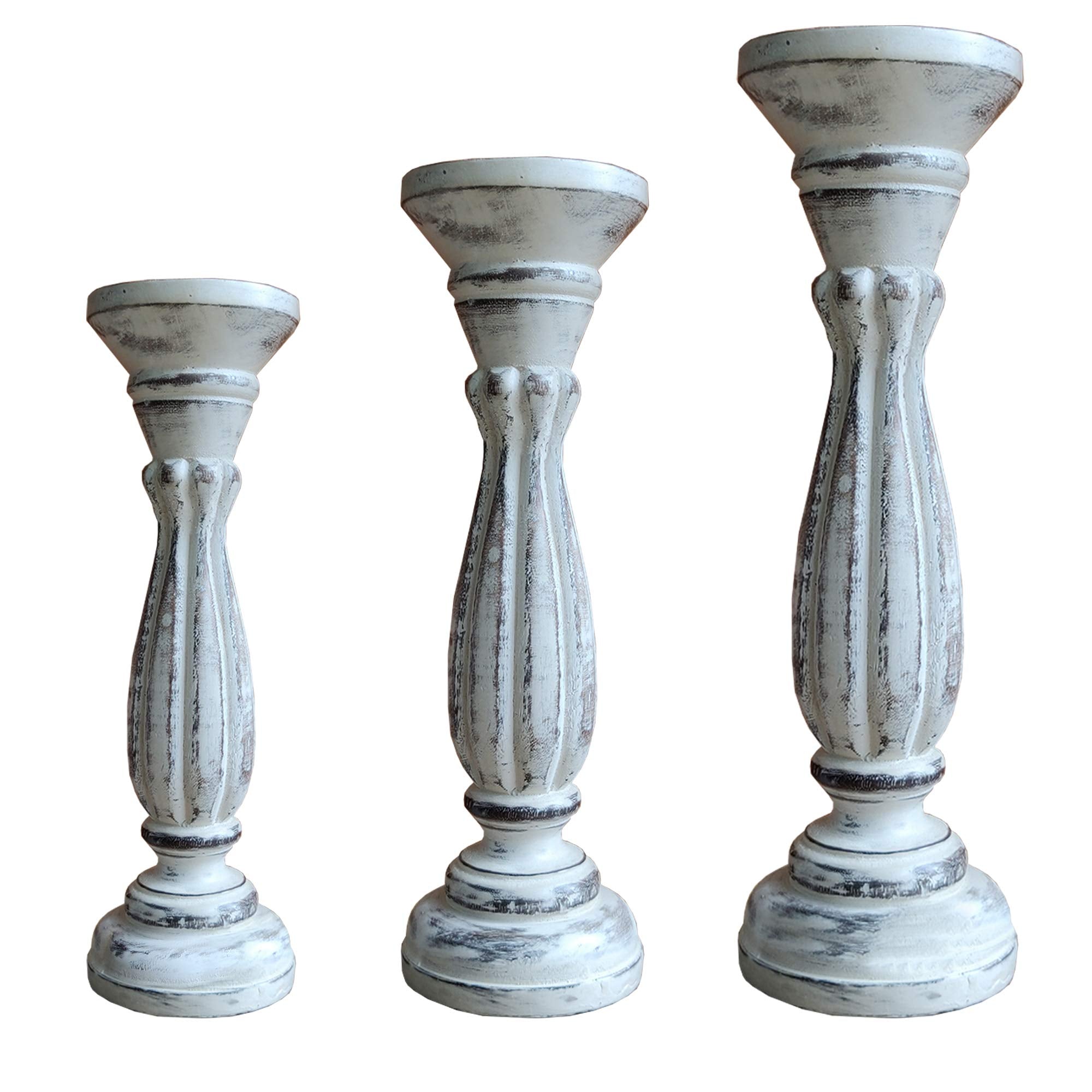 Benjara Handmade Wooden Candle Holder with Pillar Base Support, Set of 3, Distressed White
