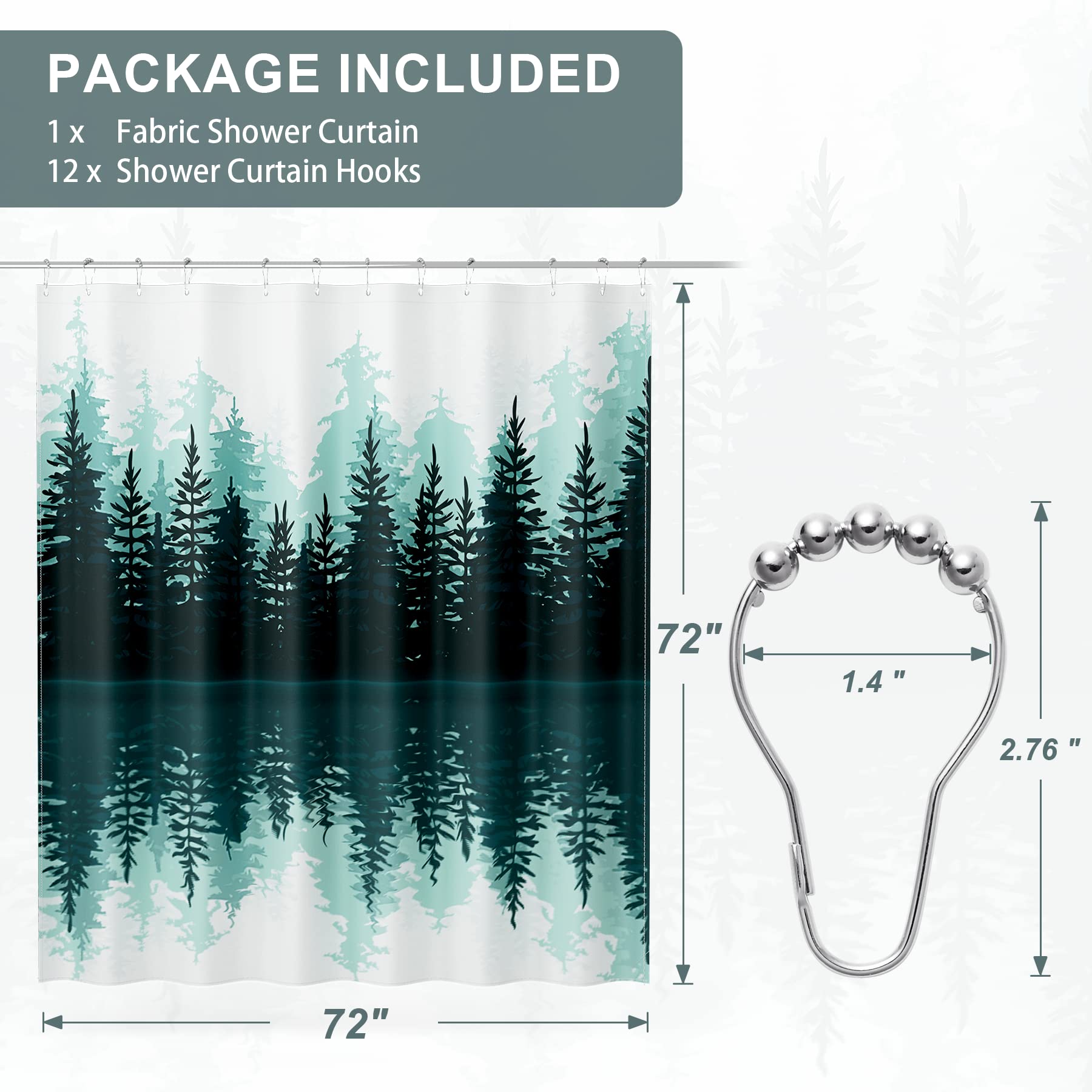 AmazerBath Shower Curtain Green  Washable Cloth Sage Green Shower Curtain Sets with 12 Metal Shower Curtain Hooks  Luxury Waterproof Rustic Fabric Shower Curtains for Bathroom Decor  72x72 Inches