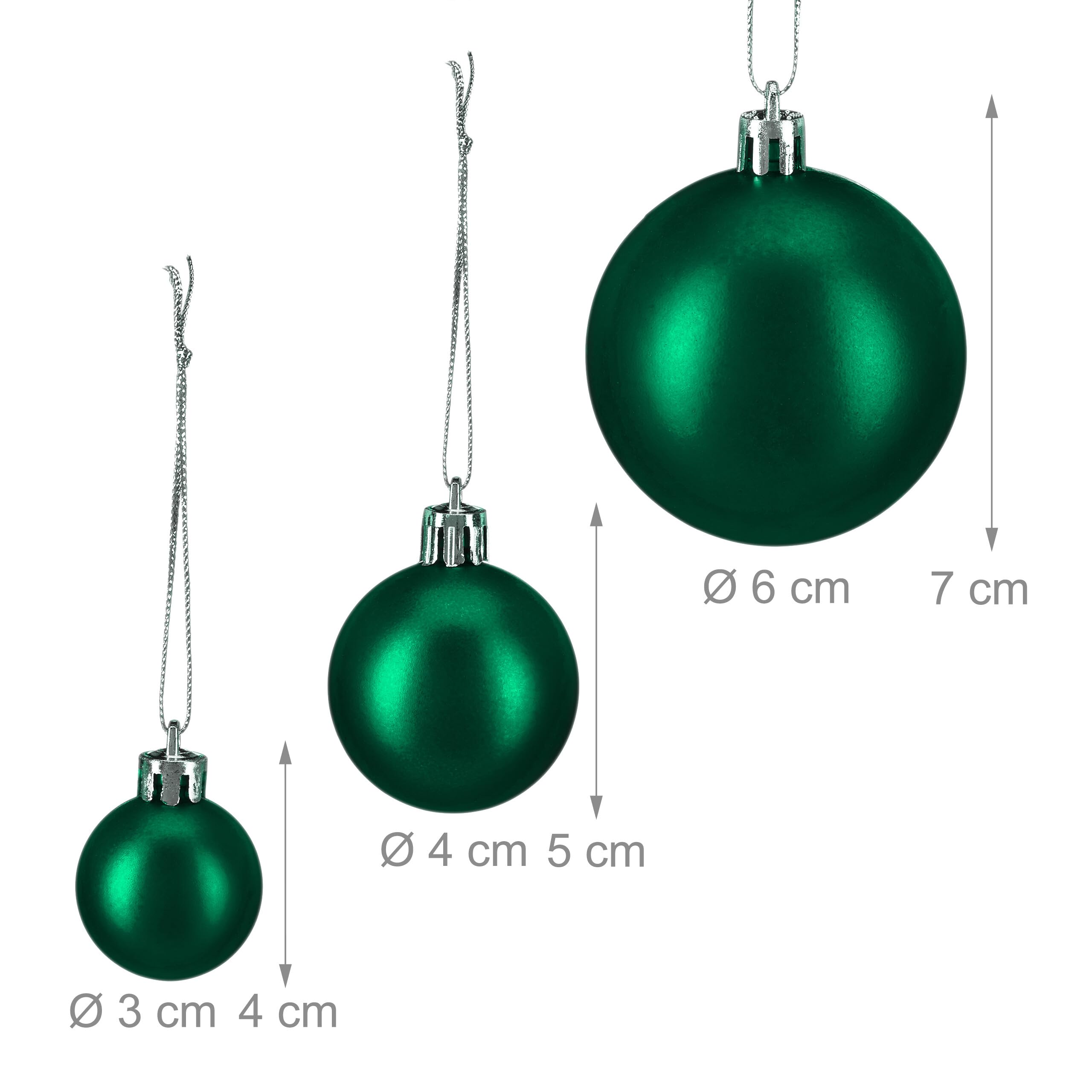 Relaxdays Christmas Baubles Set of 100, Festive Ornaments, Matt, Shiny, Glitter, Tree Balls  3, 4 & 6 cm, Dark Green, 7 x 6 x 6