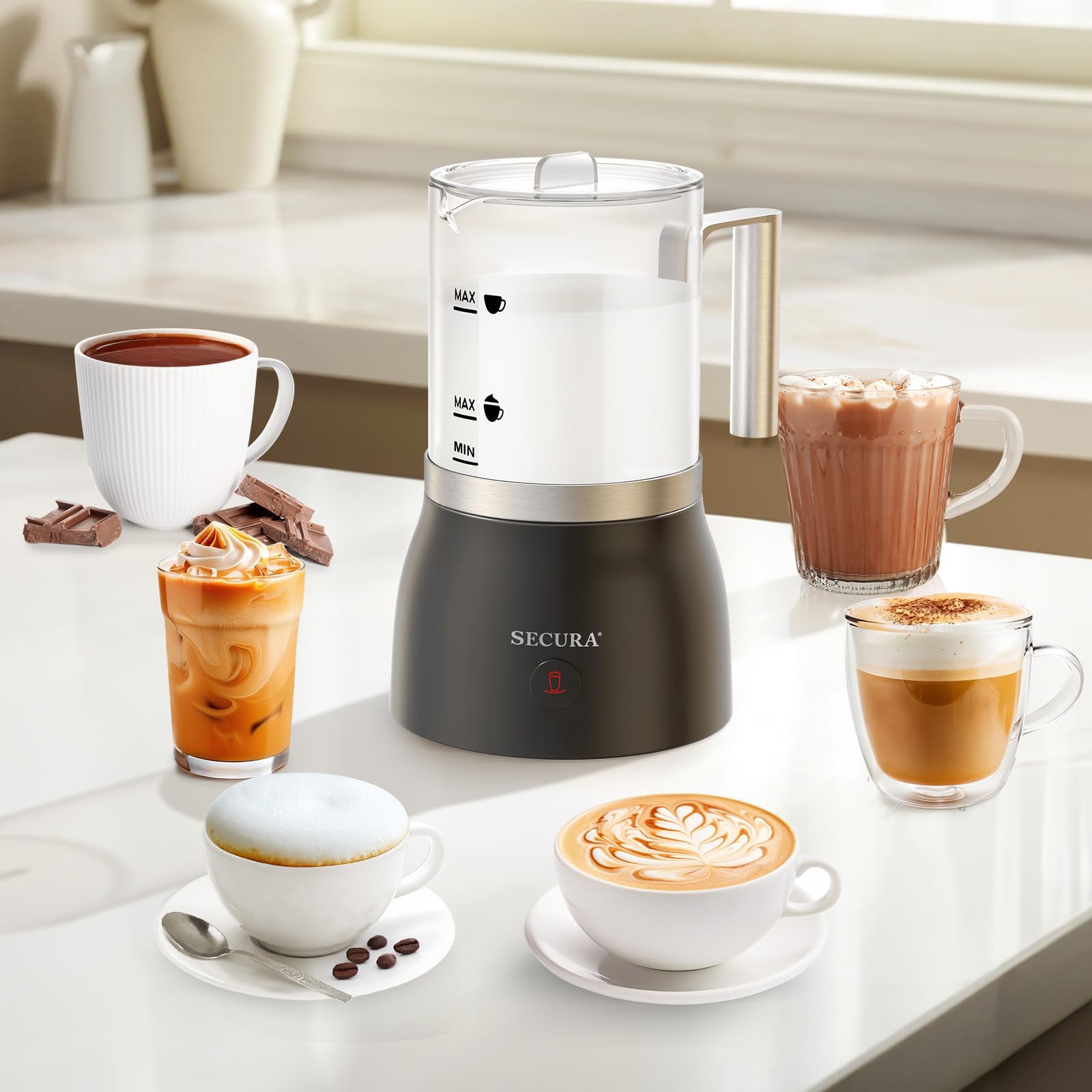 Secura 4-in-1 Milk Frother and Steamer, 17oz Glass Electric Warmer, Transparent, Model F280GL