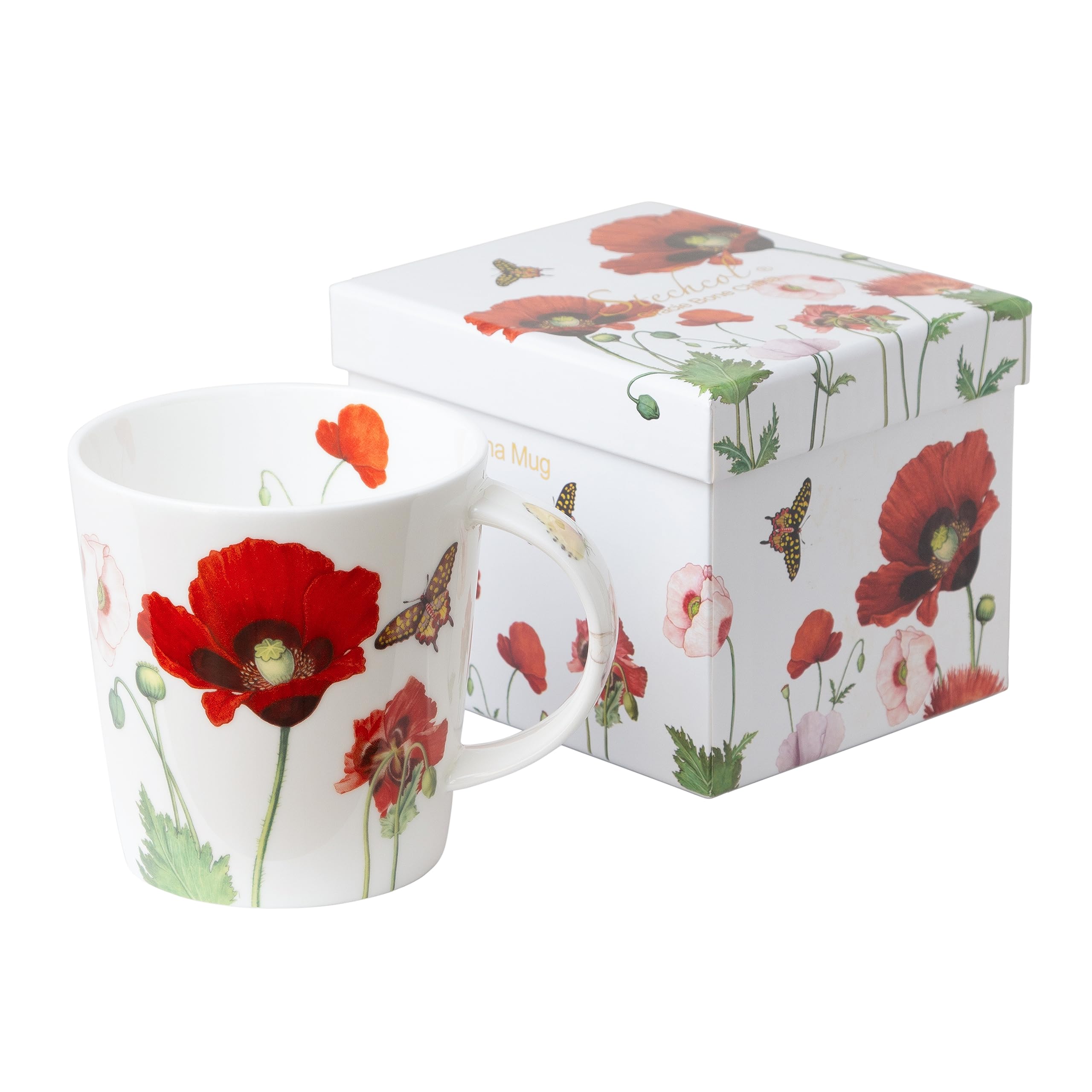 Grace Teaware Gift Boxed 16Ounce Single Bone China Coffee Cup/Tea Mug (Poppy Butterfly)