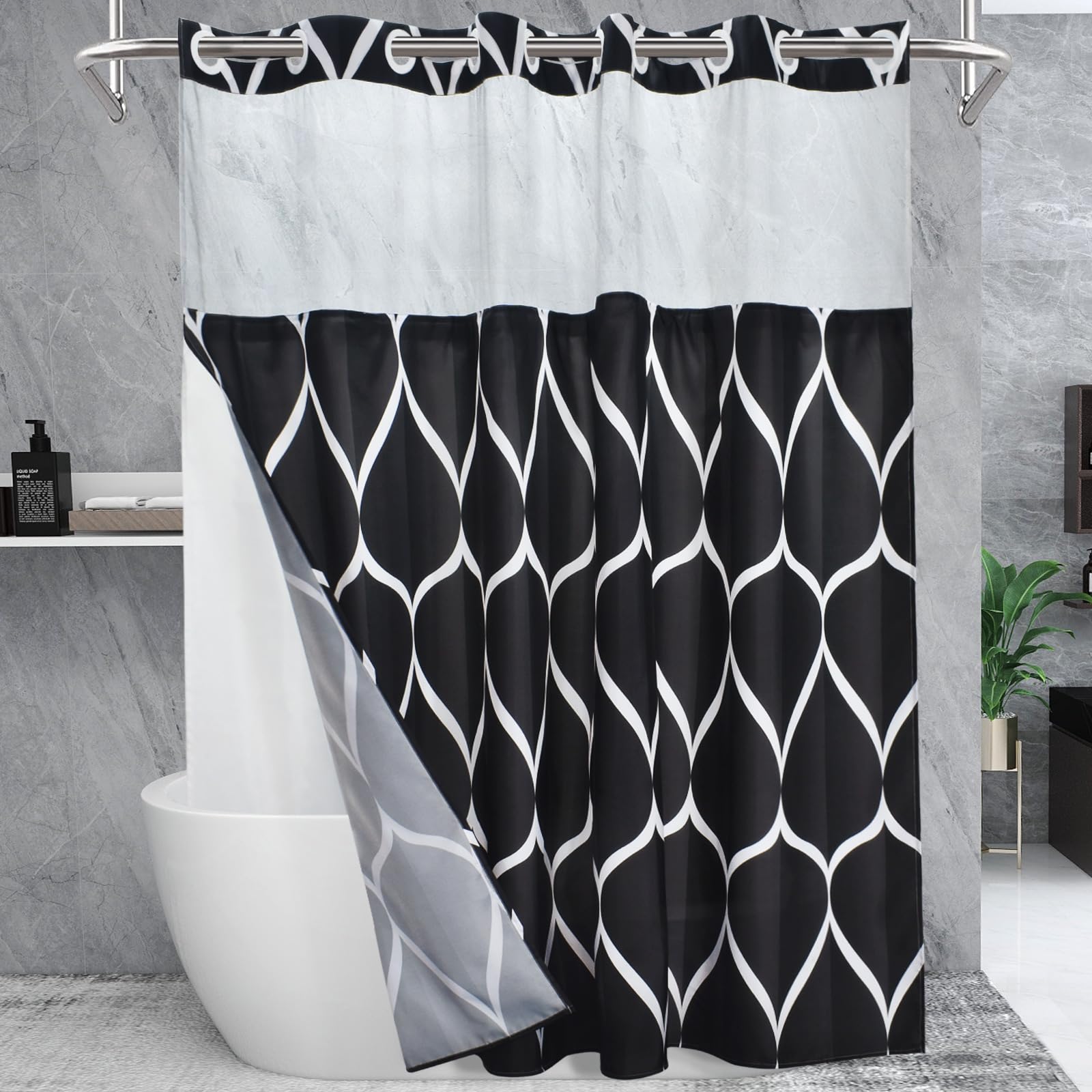 Yiatn No Hook Black Shower Curtain With Snap In Fabric Liner Set - Hotel Style With See Through Mesh Top Window - 71X74 Inch