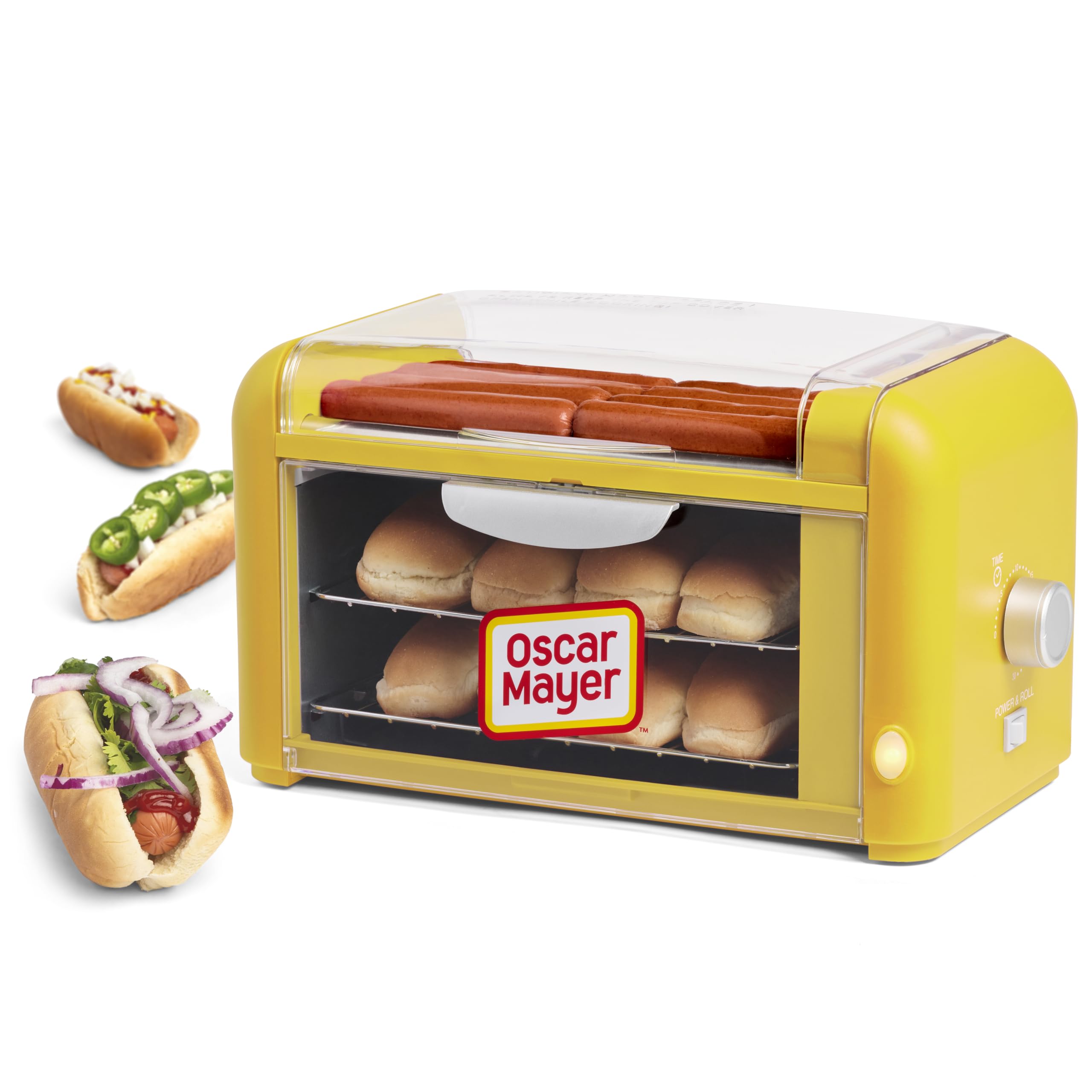 Nostalgia Oscar Mayer Extra Large Countertop 8 Hot Dog Roller And Bun Toaster Oven - Stainless Steel Rollers And Non-Stick Warmi