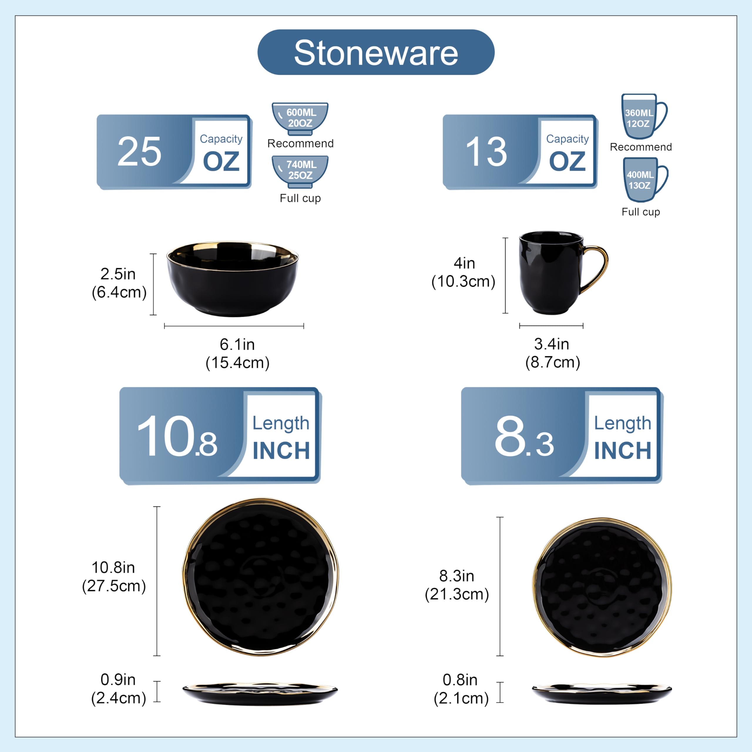 LOVECASA Black and Gold Dishes Sets, Stoneware Dinnerware Sets for 4, 16 Piece Plates and Bowls Sets, Handmade Dinnerware with G