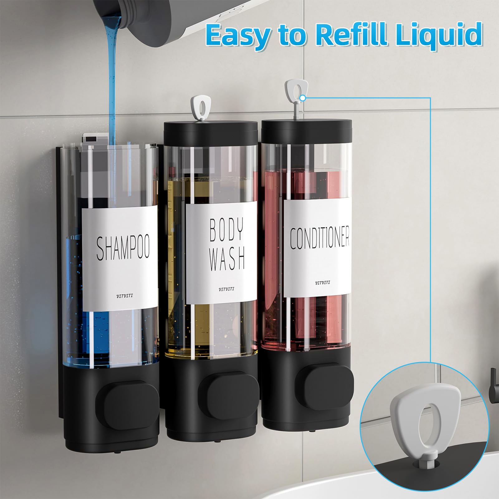 Vitviti Shampoo And Conditioner Dispenser For Shower Wall, Shower Soap Dispenser 3 Chamber No Drill Wall Mounted, 10.2 Oz Plasti