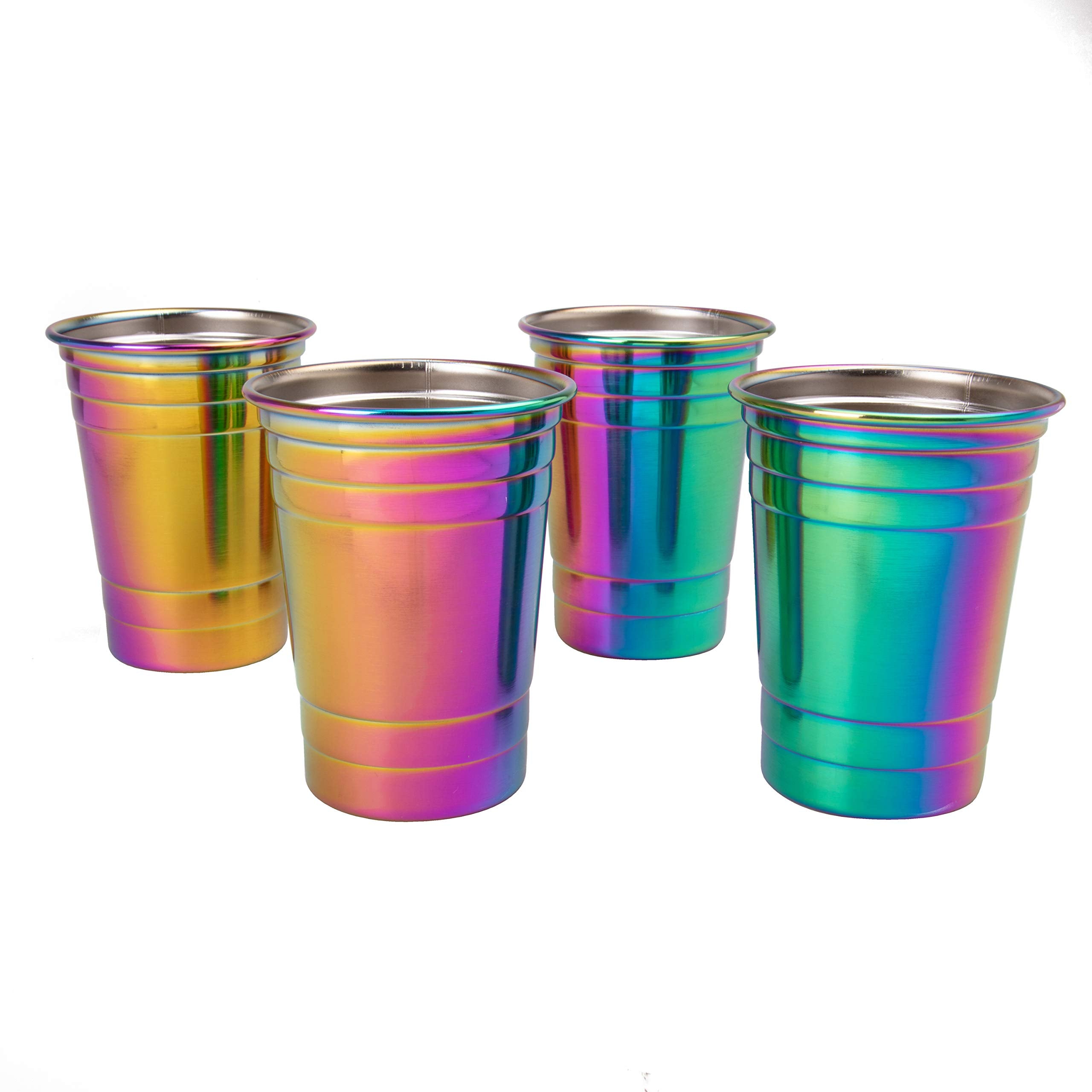 D'Eco Unbreakable Holographic Stainless Steel Party Cups (16 Oz, 4 Pack)- Shatterproof Reusable Drinking Glasses For Games-Indoo