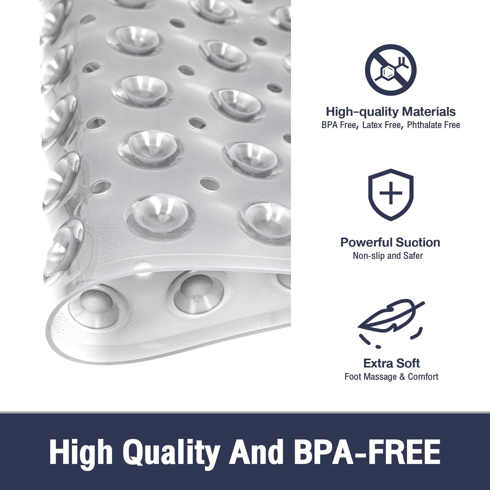 Naoloture Extra Long Bathtub Mat Non Slip, Clear Gray Soft Bath Mat For Tub 40 X 16 Inch Full Size, Bath Tub Shower Mats For Bat