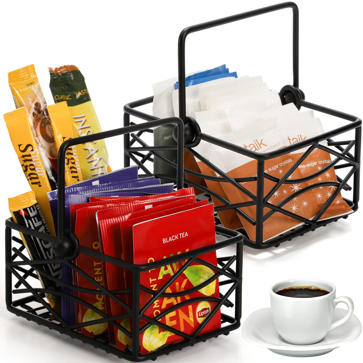 Yarlung 2 Pack Sugar Packet Basket Metal Wire Tea Bag Holder With Removable Stylish Handle, 4.7X3.5X2.5 Inches Coffee Bar Packet