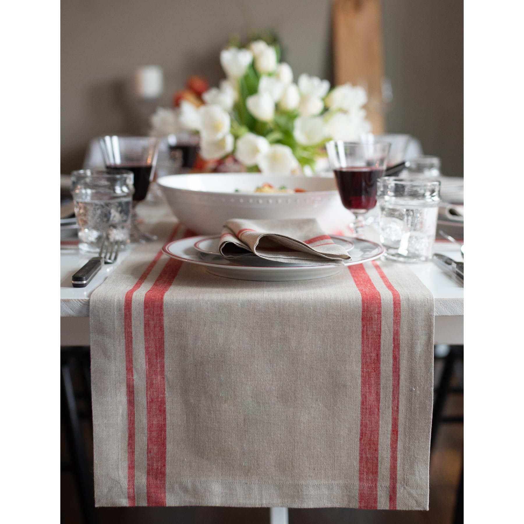 Solino Home Stripe Linen Table Runner 120 inches Long - 100% Pure Linen Red and Natural Table Runner 14 x 120 Inch - French Stri