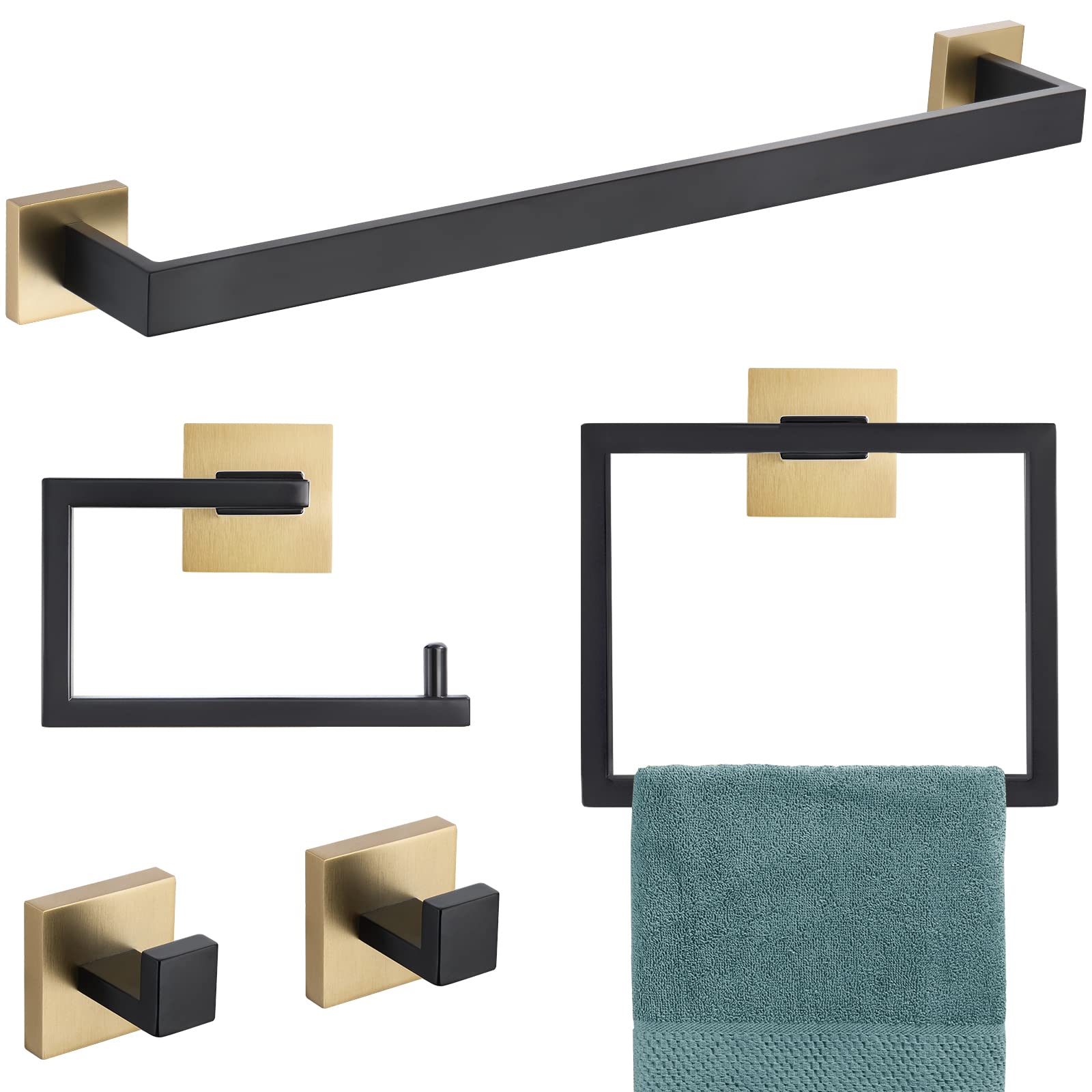 Yacvcl 5 Pieces Bathroom Hardware Set, Black And Gold Towel Bar Set, 23.6 Inch Towel Bar Hand Towel Holder Wall Mounted Stainles