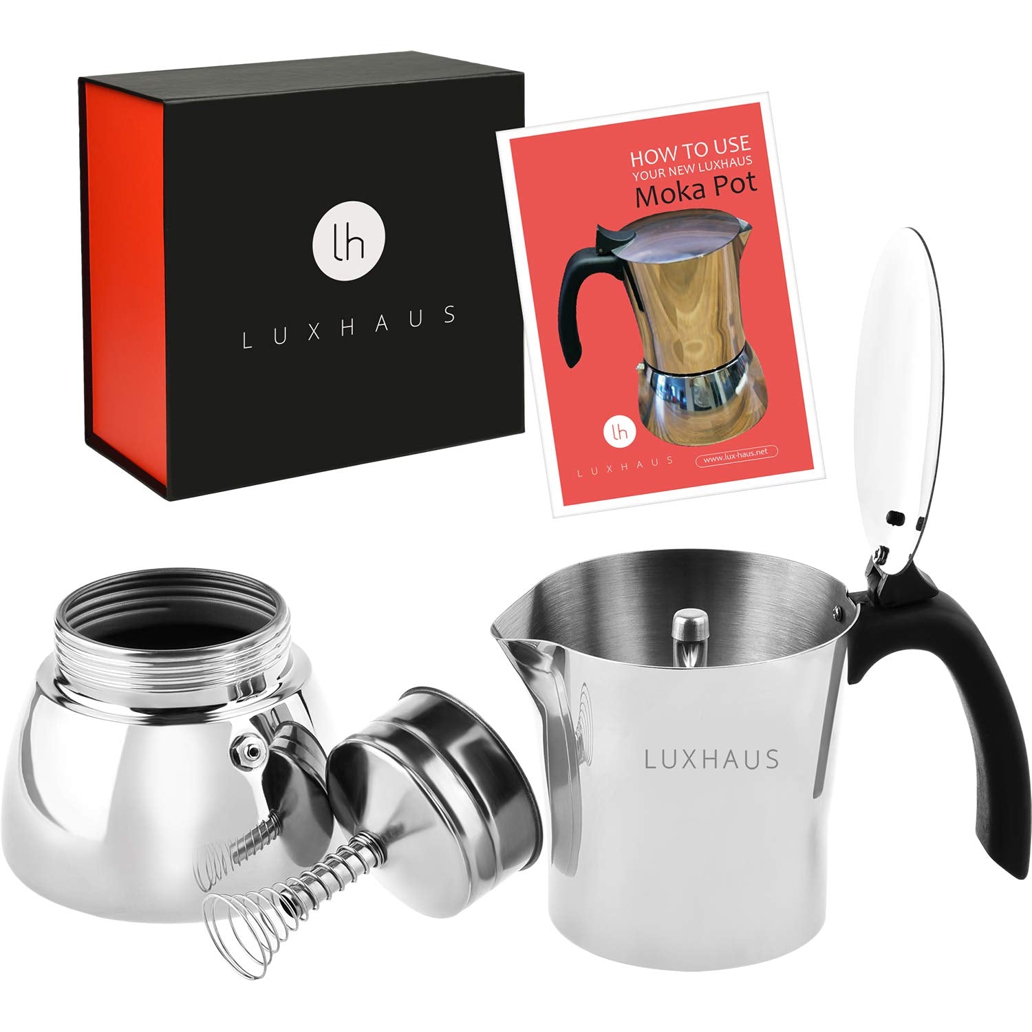 LUXHAUS Moka Pot - 6 Cup Stovetop Espresso Maker - 100% Stainless Steel Italian and Cuban Mocha Coffee Maker