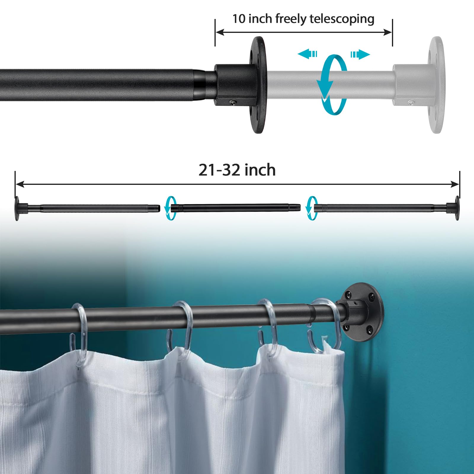 Closet Rods For Hanging Clothes, 21-32 Inch Adjustable Size, Screw Fixing Connection, For Closet Wardrobes Laundry Rv, Black