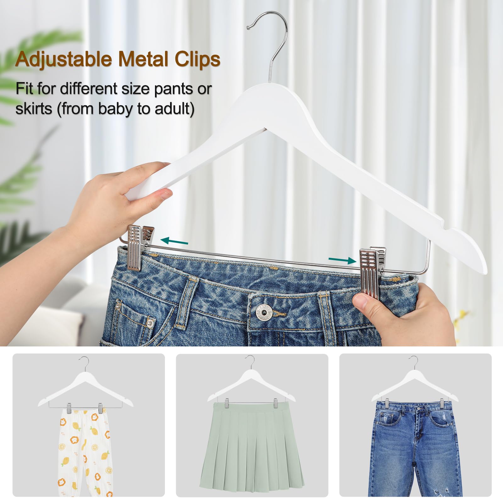 TOPIA HANGER Wooden Suit Hangers with Adjustable Metal Clips (20 Pack)  Solid Smooth Wood Clothes Hangers  360 Swivel Hook  Premium Pants Hangers for Clothes Coat  Jeans  Blouse-White CT28W20