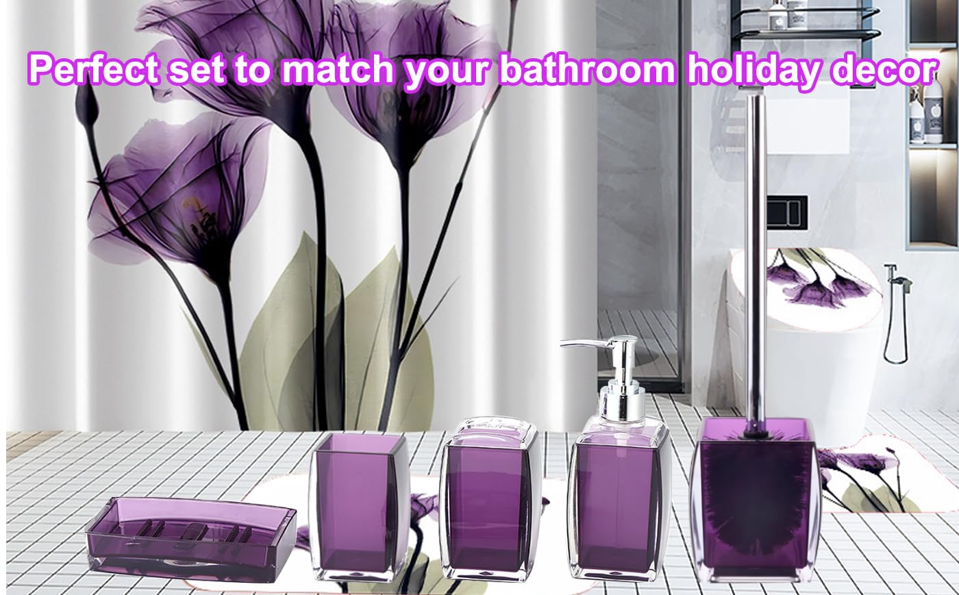 Tuanyo 5 Pcs Purple Acrylic Bathroom Accessories Set Complete,Lotion/Soap Dispenser,Soap Dish,Toothbrush Holder, Tumbler,Toilet