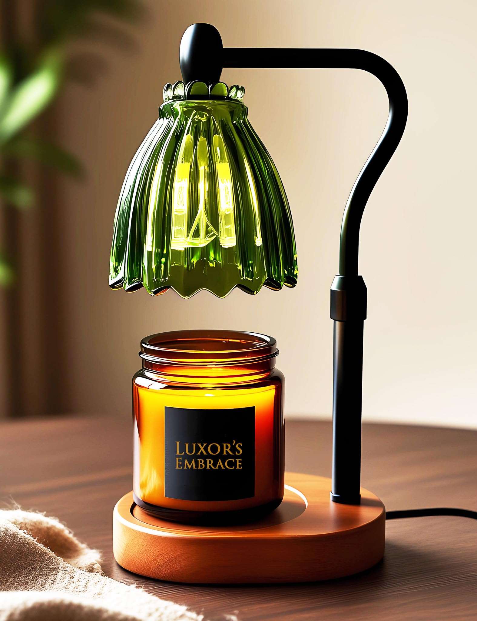 Green Boho Candle Warmer Lamp with Timer - Tiffany-Style Glass Shade, Dimmable Wax Warmer, Auto Shut-Off, Adjustable Height, Vin