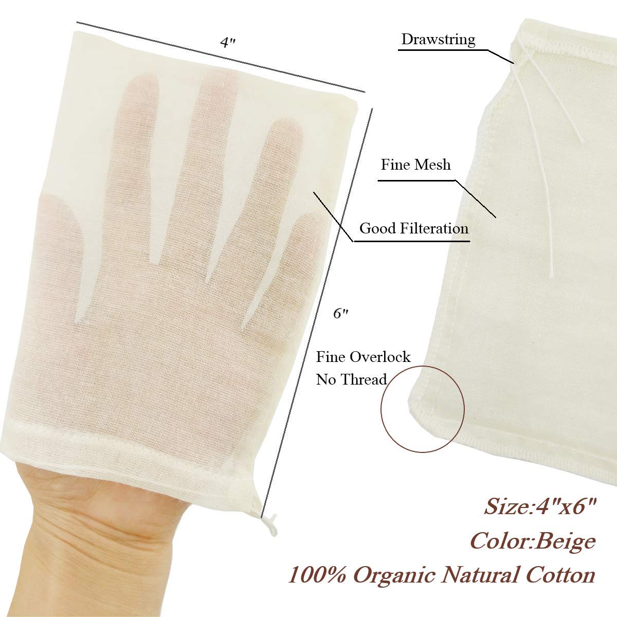Cheesecloth Bags For Straining,Reusable Cold Brew Coffee Cheese Cloths Strainer,Large Nut Milk Tea Juice Bag,100% Natural Cotton