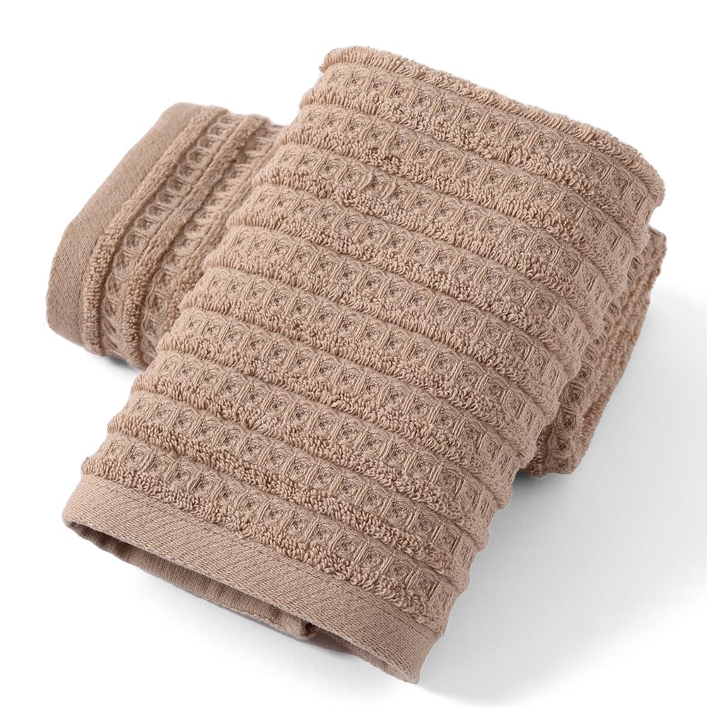 Sense Gnosis Brown Hand Towel Set Of 2 Waffle With Terry Striped Pattern 100% Cotton Ultra Soft Absorbent Towels For Bathroom Ki